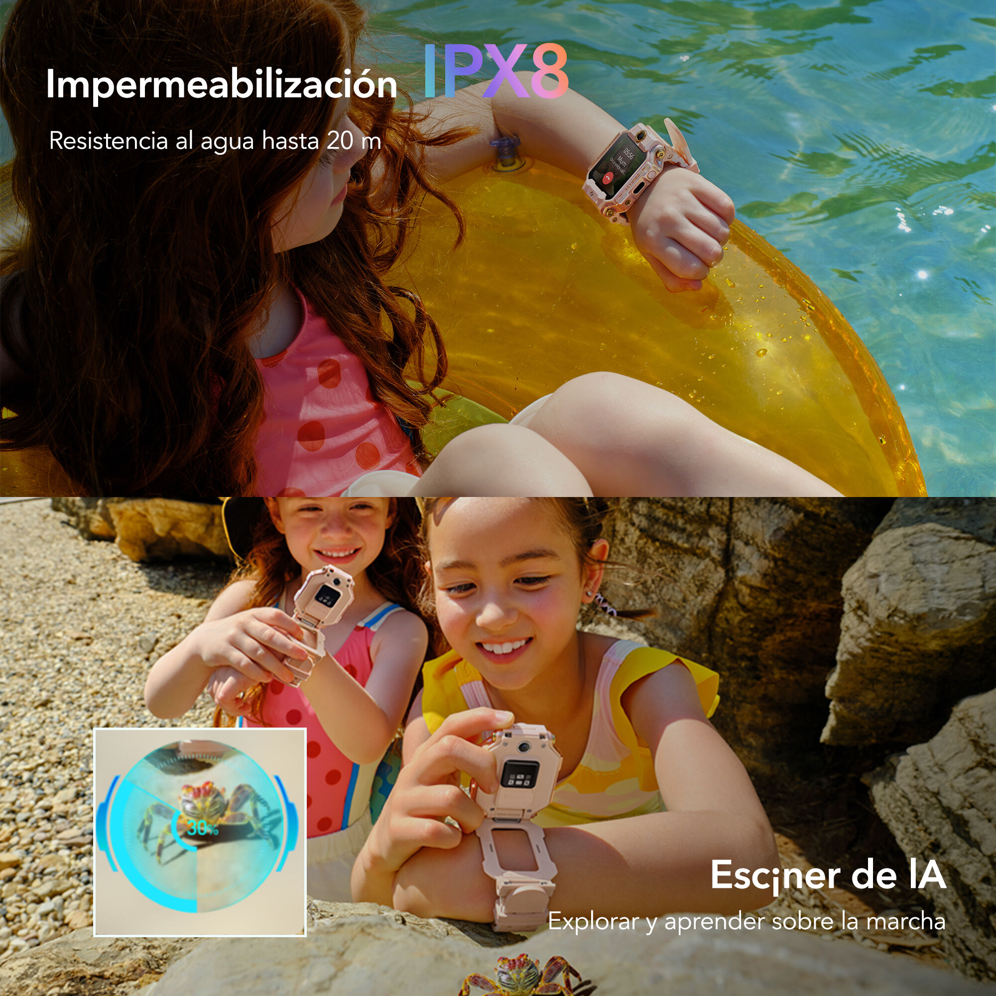 Una niña en el agua con un reloj inteligente, texto sobre resistencia al agua y dos niñas con relojes inteligentes en una playa.