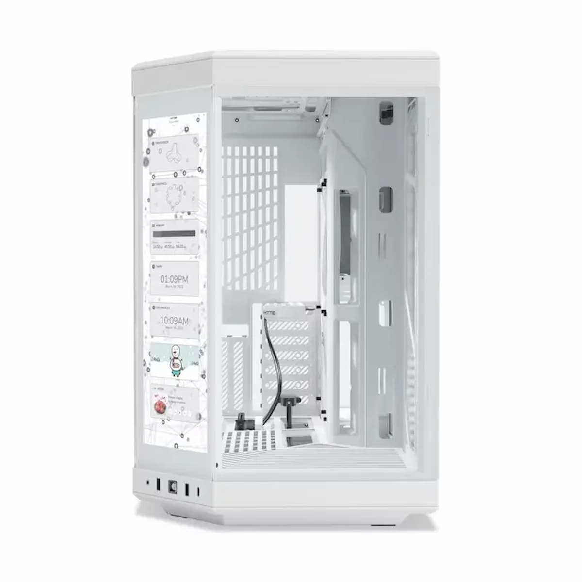 Un case per computer bianco, aperto con componenti interni visibili. Un pannello laterale trasparente mostra l'ora e la grafica. Lo sfondo è bianco.