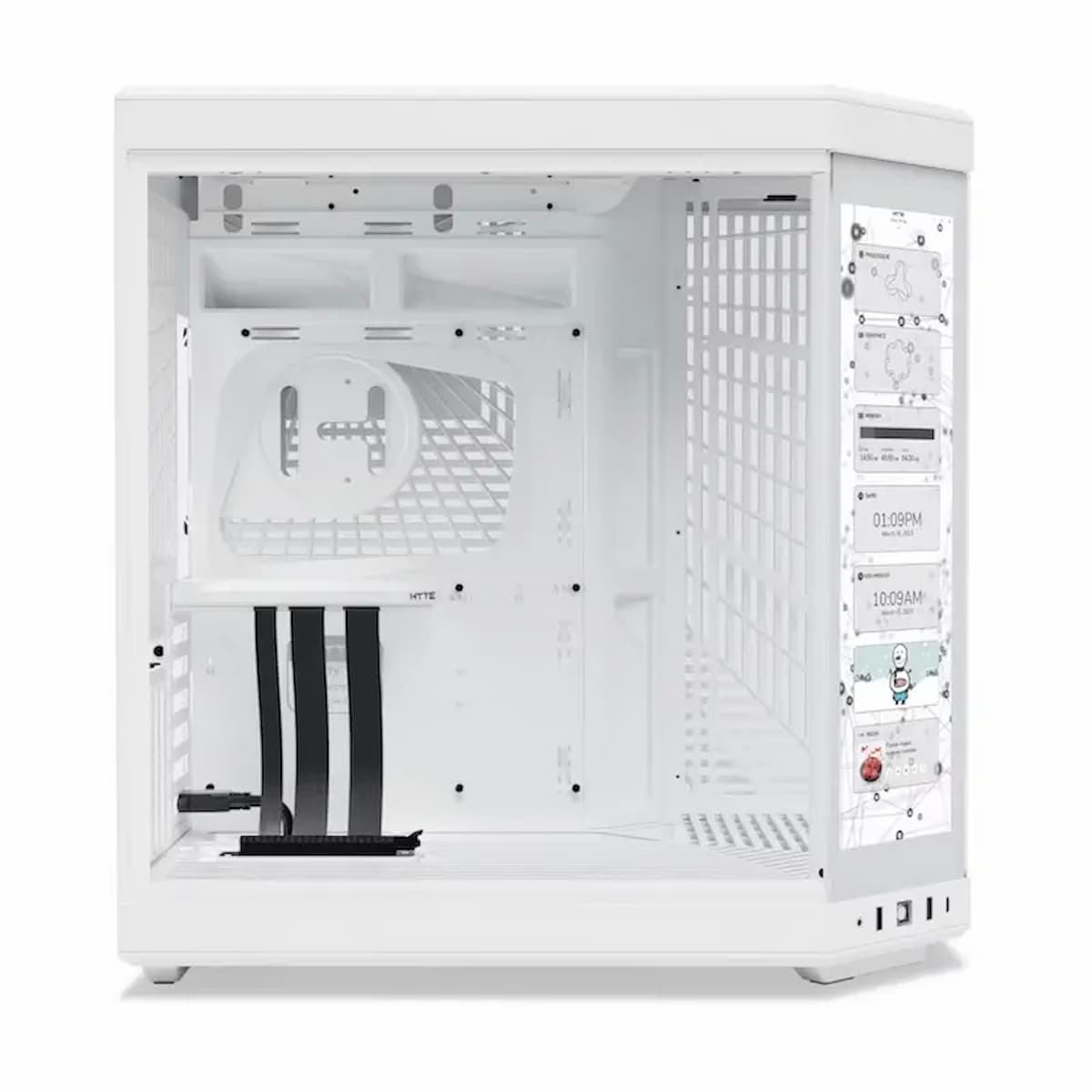 Un case per computer bianco, aperto con componenti interni visibili. Include cavi neri, uno schermo laterale e strutture interne.
