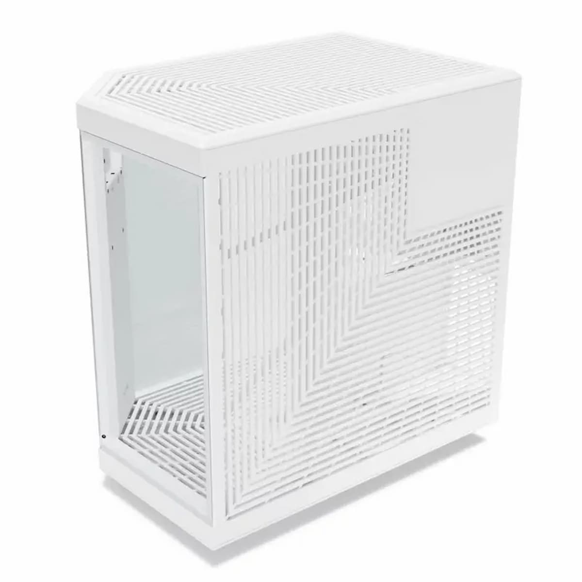 Un case per computer bianco con un pannello laterale in vetro. La parte anteriore e superiore hanno motivi di ventilazione. Il case è su sfondo bianco.
