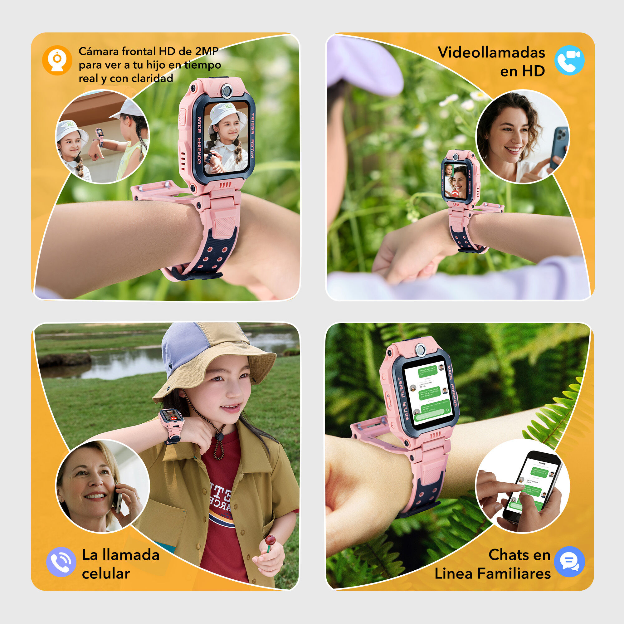 Smartwatch rosa en la muñeca. La gente lo usa para videollamadas, chats y llamadas. Los fondos incluyen plantas y campos verdes.