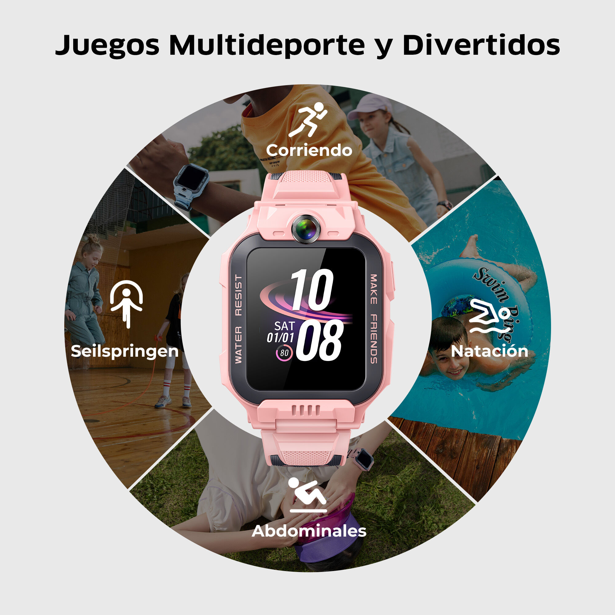 Smartwatch rosa con pantalla central. Alrededor, niños corriendo, nadando y saltando a la cuerda.
