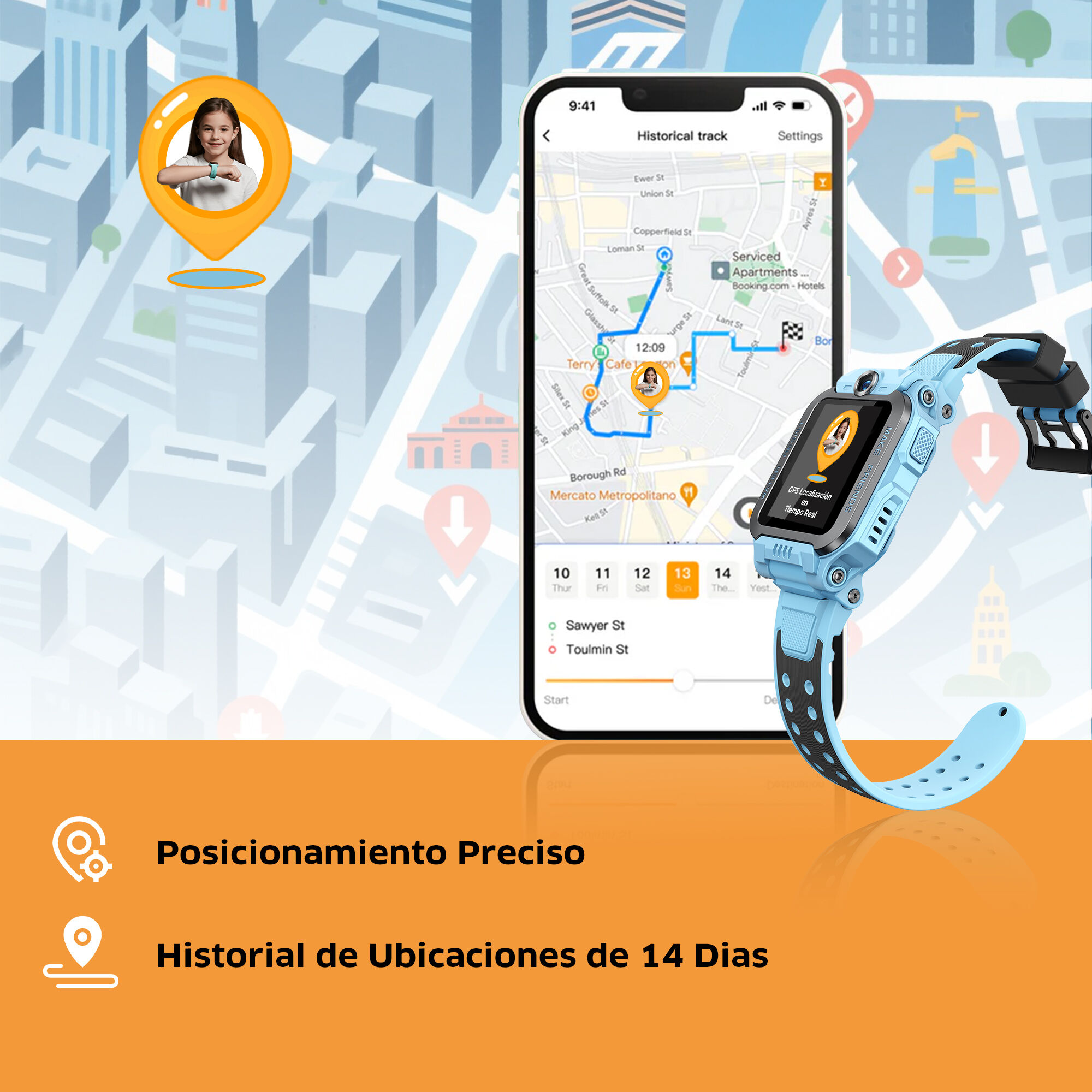 La ubicación de una niña se muestra en un mapa. Un reloj inteligente, con un mapa en su pantalla, está en primer plano.