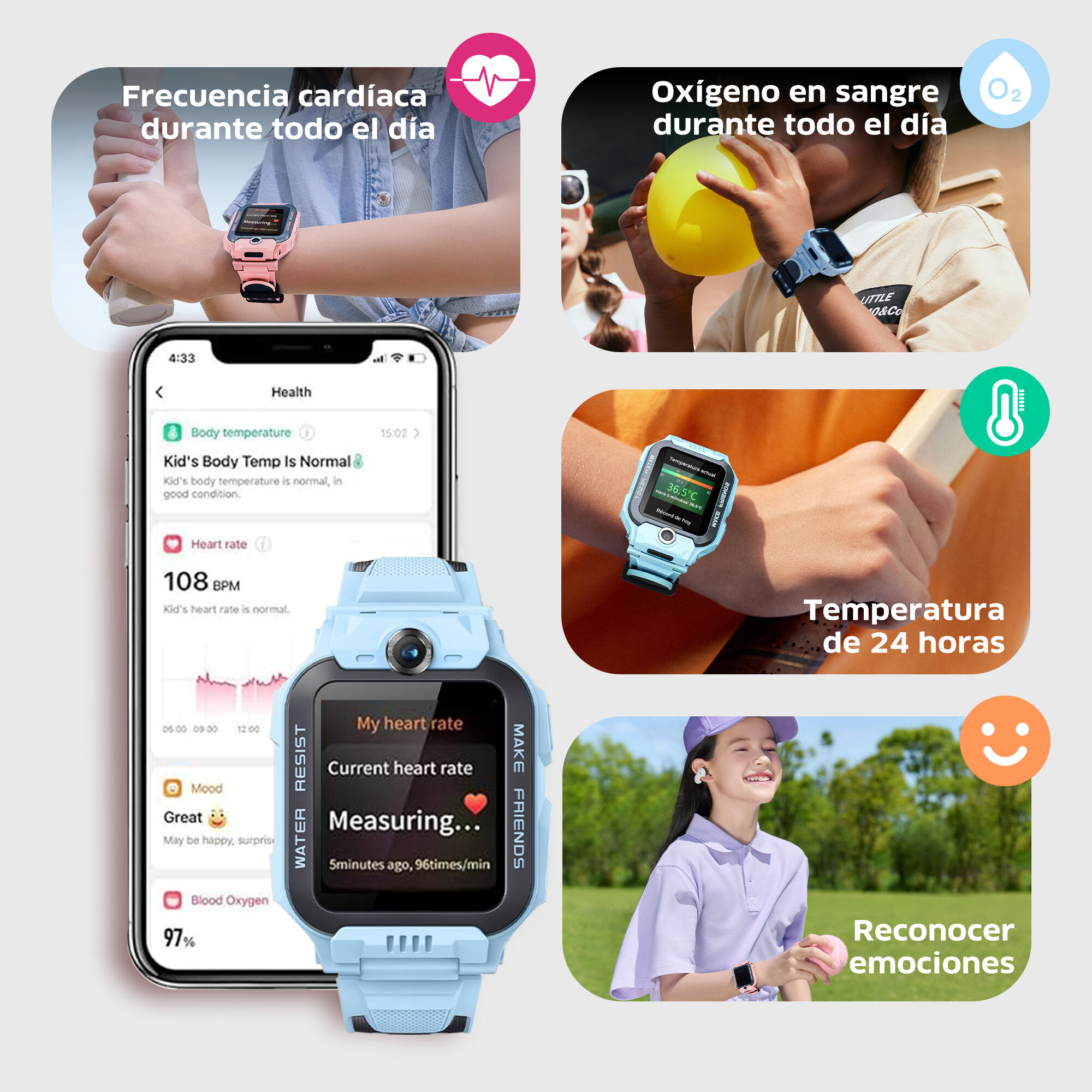 La imagen muestra un reloj inteligente que muestra métricas de salud. Mide la frecuencia cardíaca, la temperatura corporal y el oxígeno en sangre.