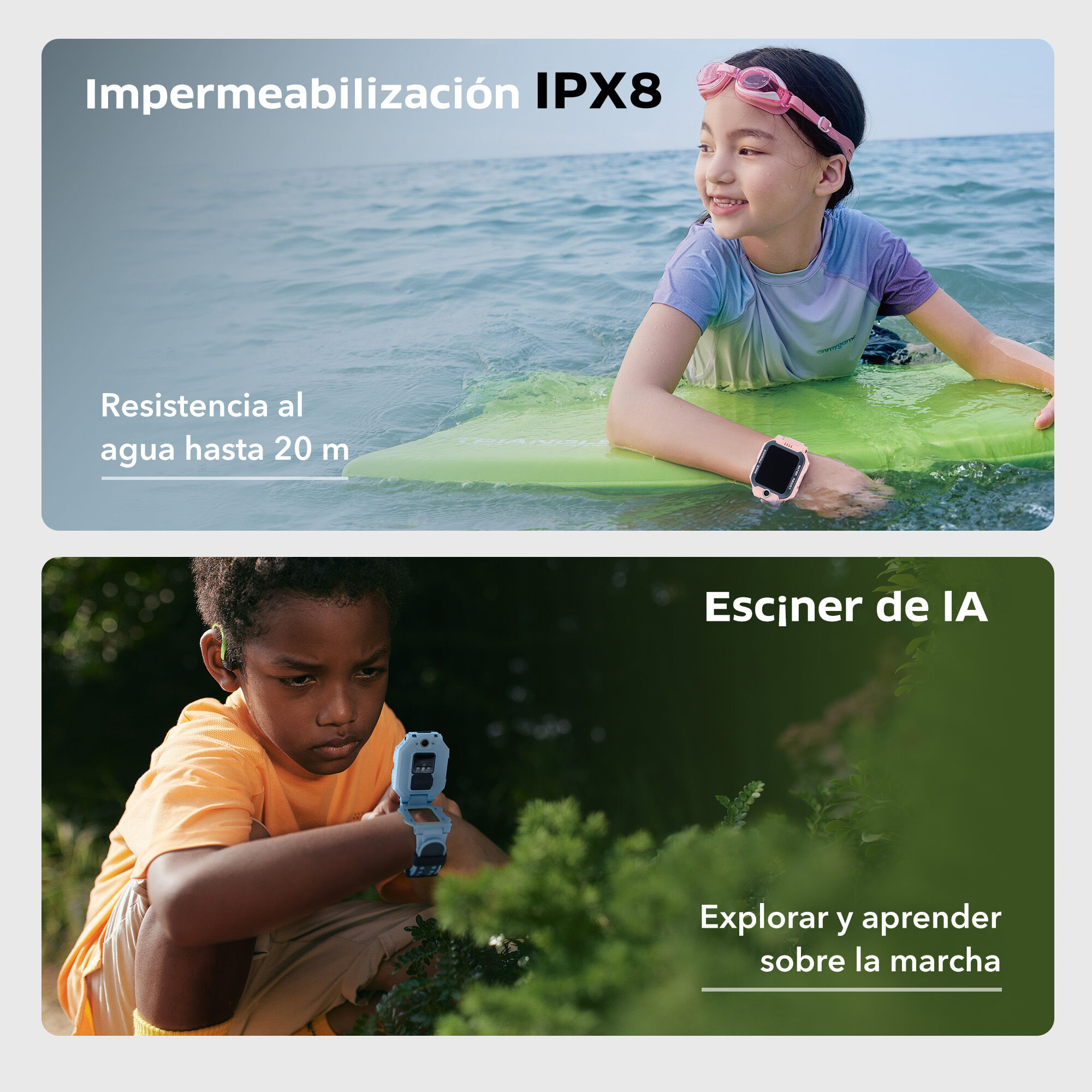 Niña en el agua con gafas, reloj rosa. Niño con reloj mirando plantas. Texto: Impermeable IPX8, escáner IA.