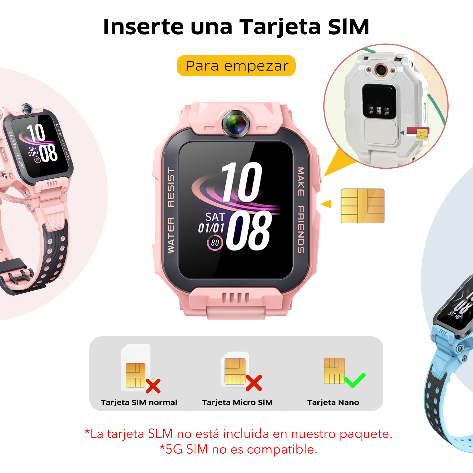 Reloj inteligente rosa con pantalla que muestra fecha y hora, instrucciones para insertar una tarjeta SIM y un diagrama de tipos de SIM.