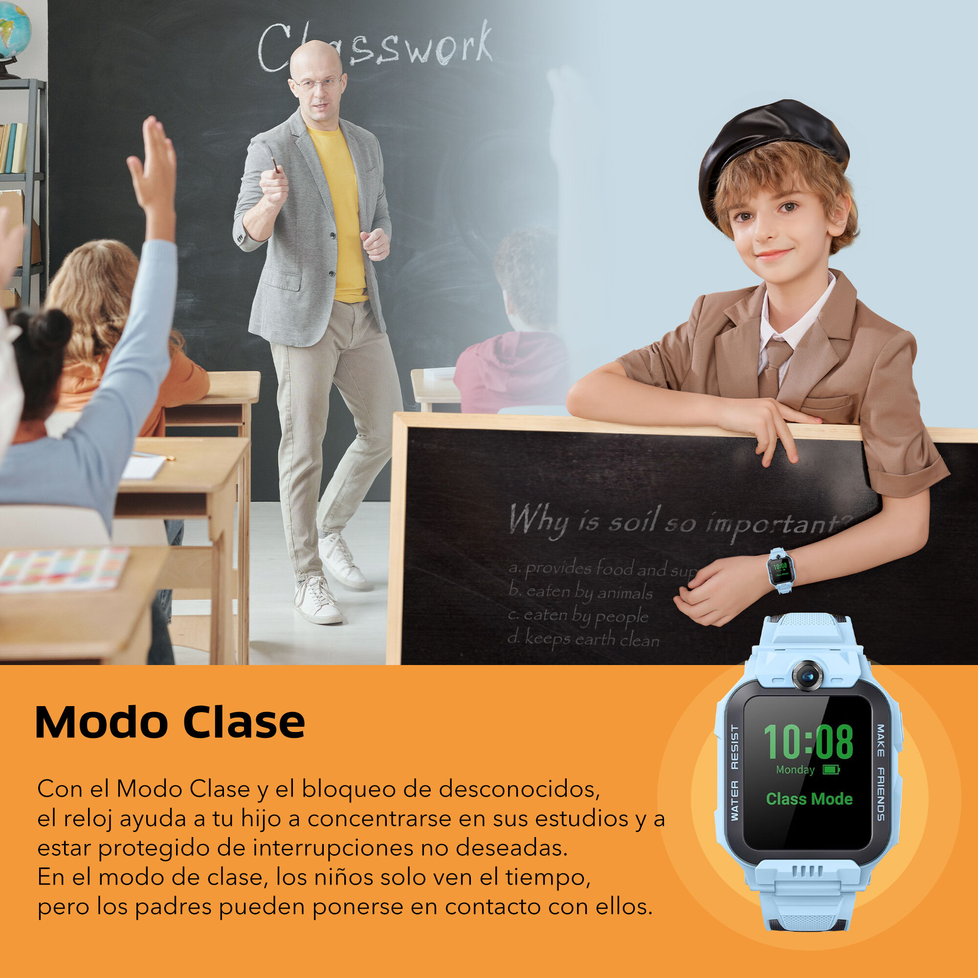 Una escena de clase con un profesor, estudiantes y un niño con un reloj inteligente. El reloj muestra la hora y dice 'Modo Clase'.