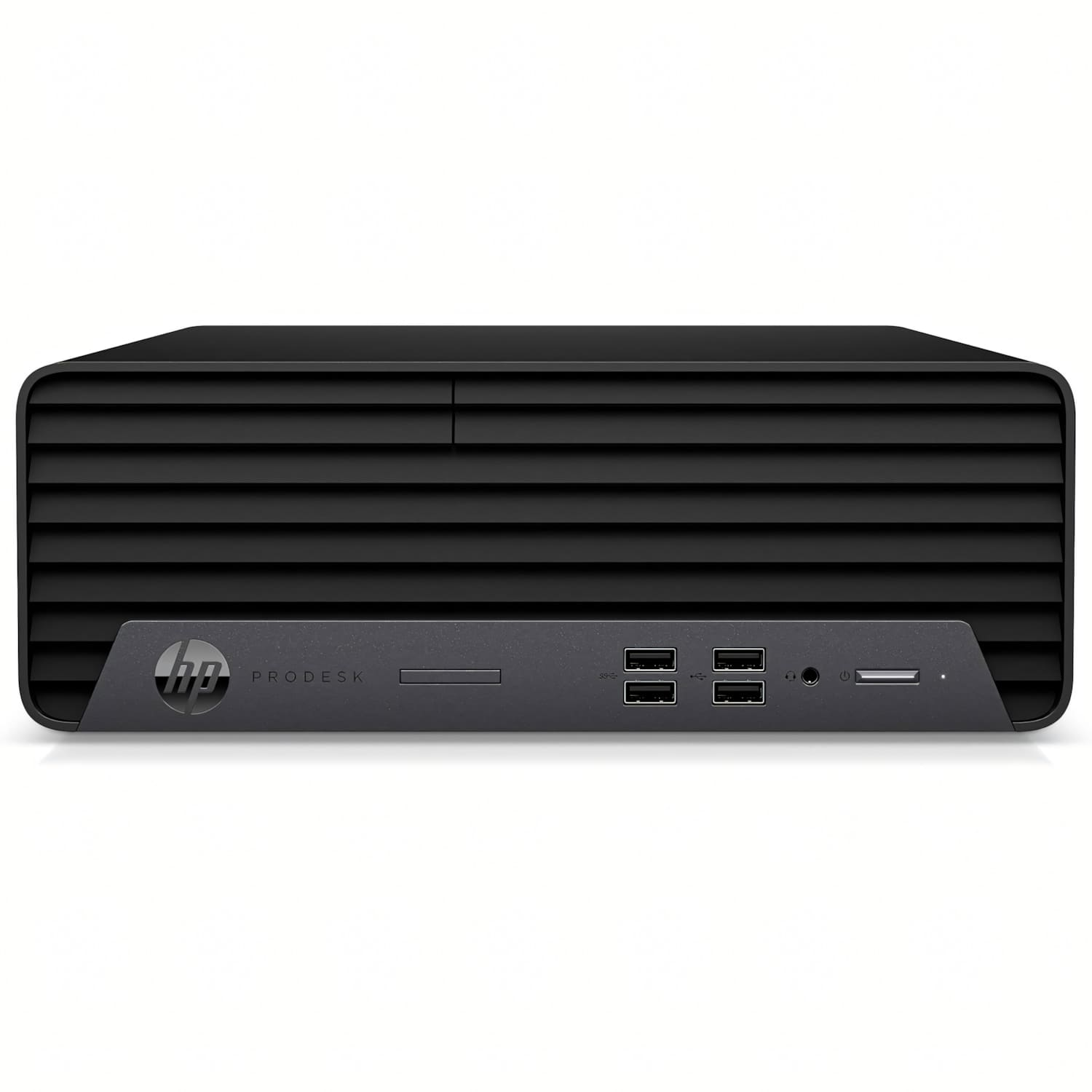 Una computadora HP ProDesk negra. Tiene líneas horizontales en el frente y puertos para USB, audio, alimentación y una tarjeta de memoria.