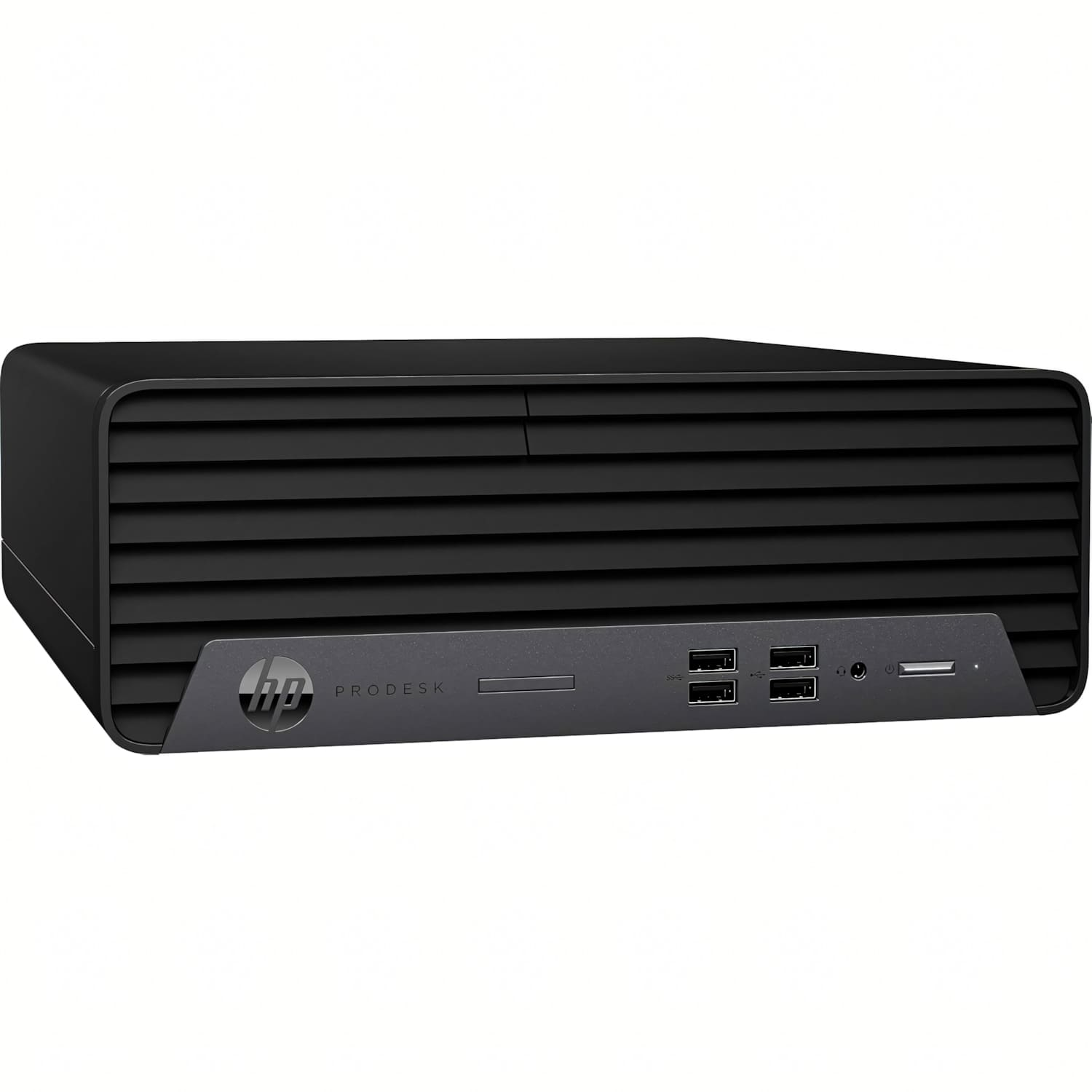 Una computadora de escritorio HP ProDesk negra. Tiene un frente acanalado, el logotipo de HP y varios puertos USB.