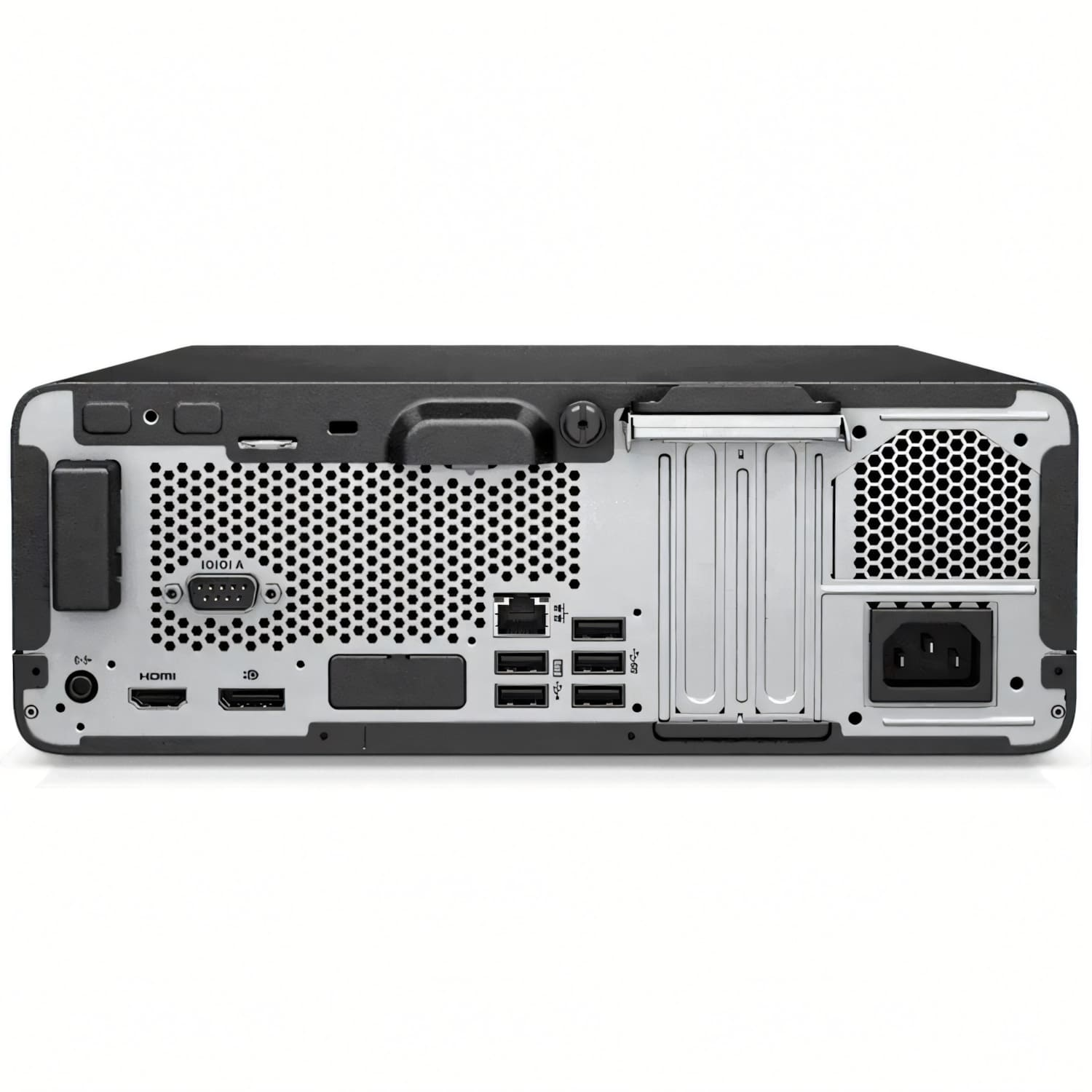 Vista trasera de una computadora negra. Incluye puertos HDMI, USB y alimentación. Cuenta con ventilación y varios puntos de conexión.