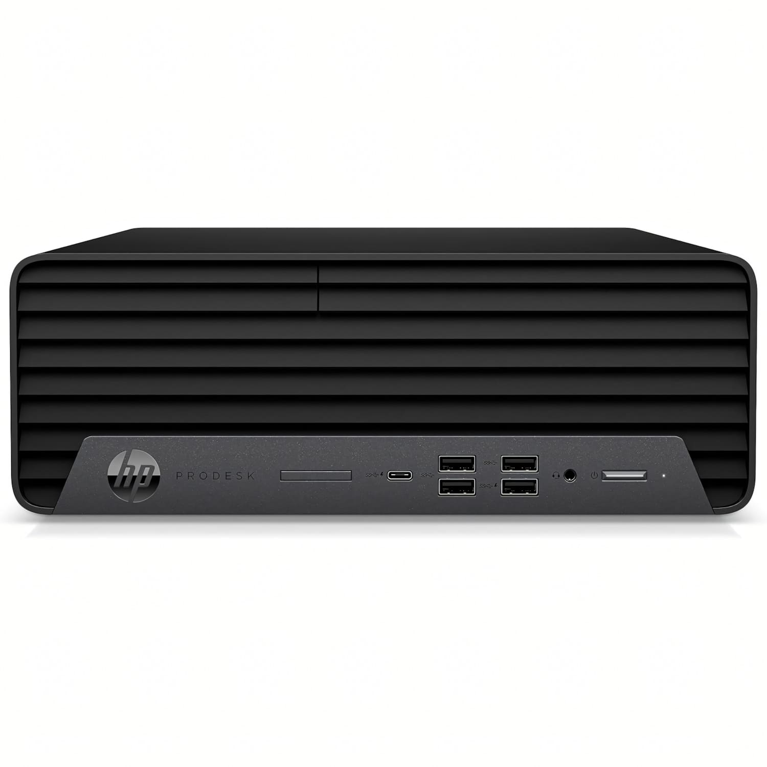 Una computadora de escritorio HP ProDesk negra sobre un fondo blanco. Tiene múltiples puertos USB, conectores de audio y el logotipo de HP.