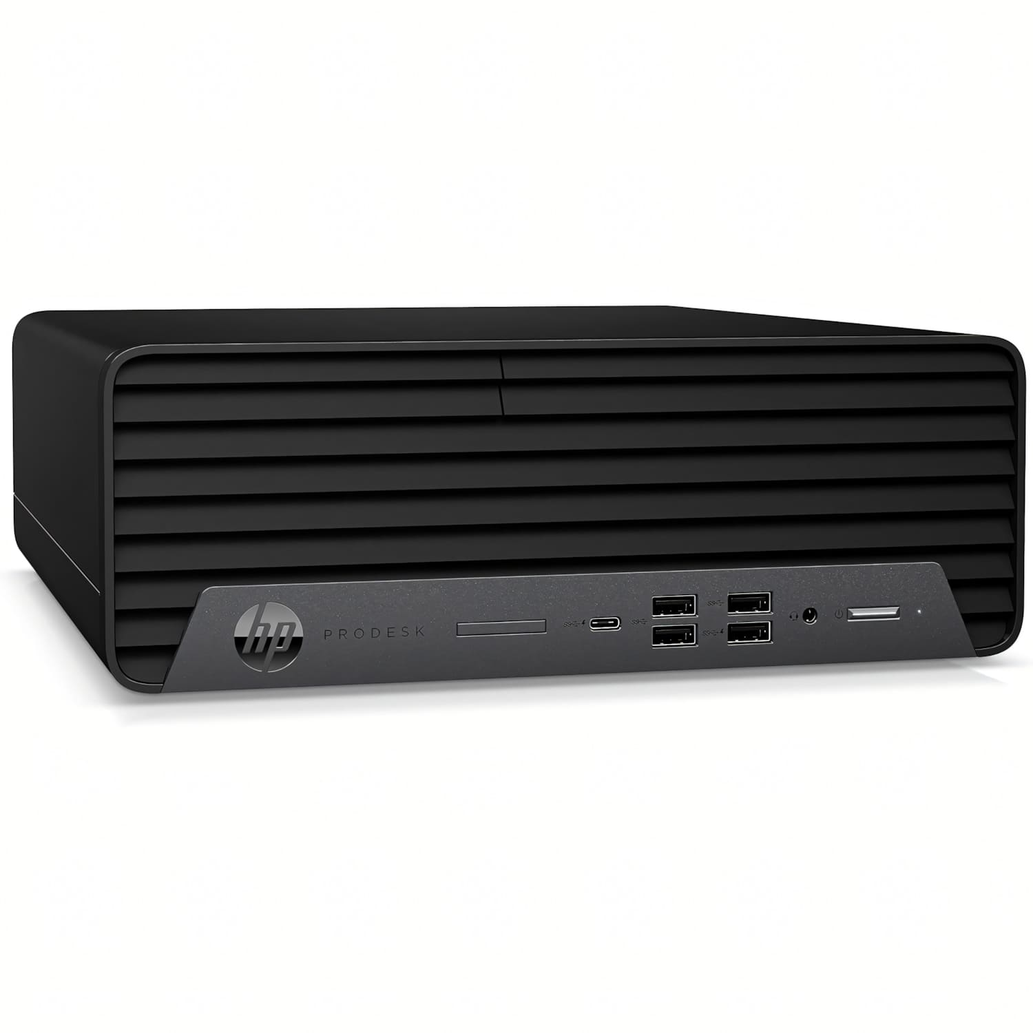 Una computadora de escritorio HP ProDesk negra. Tiene múltiples puertos y ranuras en el panel frontal. El fondo es blanco.