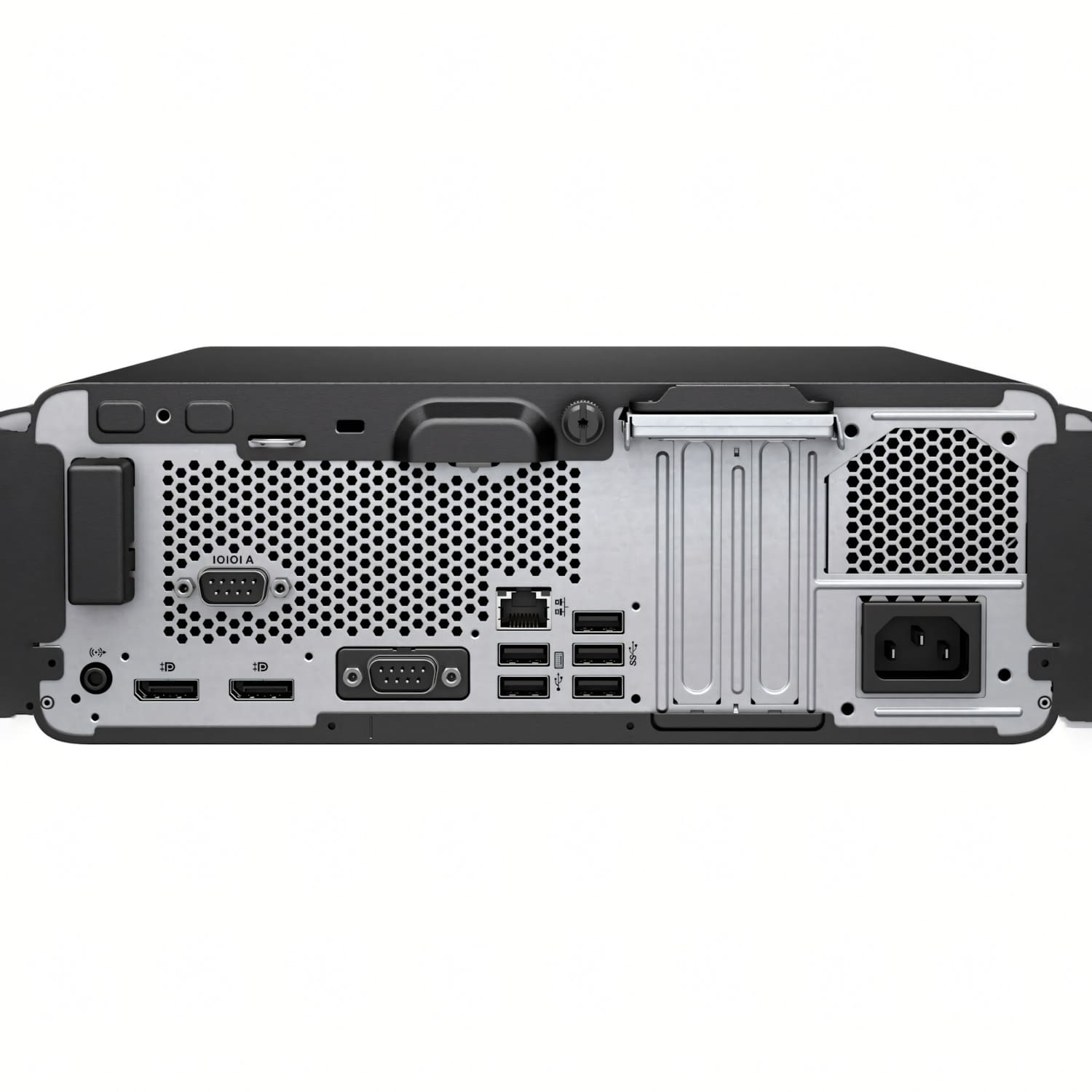 Vista trasera de una computadora de escritorio negra con varios puertos y conectores, incluyendo USB, HDMI y entrada de alimentación.
