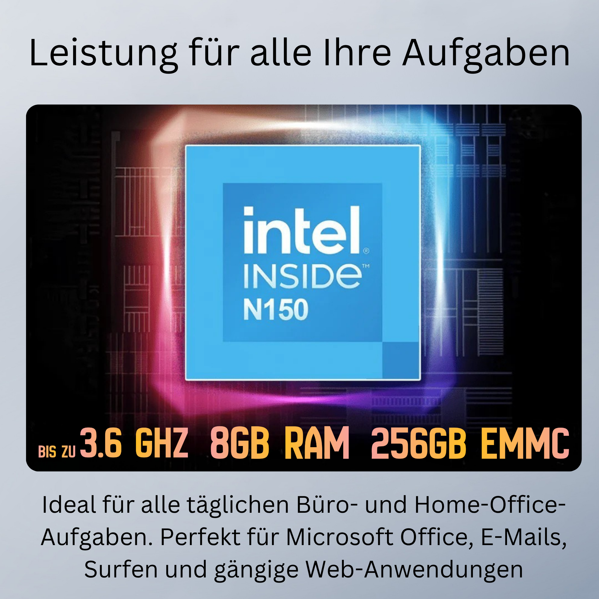 Bild zeigt einen Intel-Prozessor. Text enthält Details zu Geschwindigkeit, RAM und Speicher. Ideal für Büro- und Heimaufgaben.