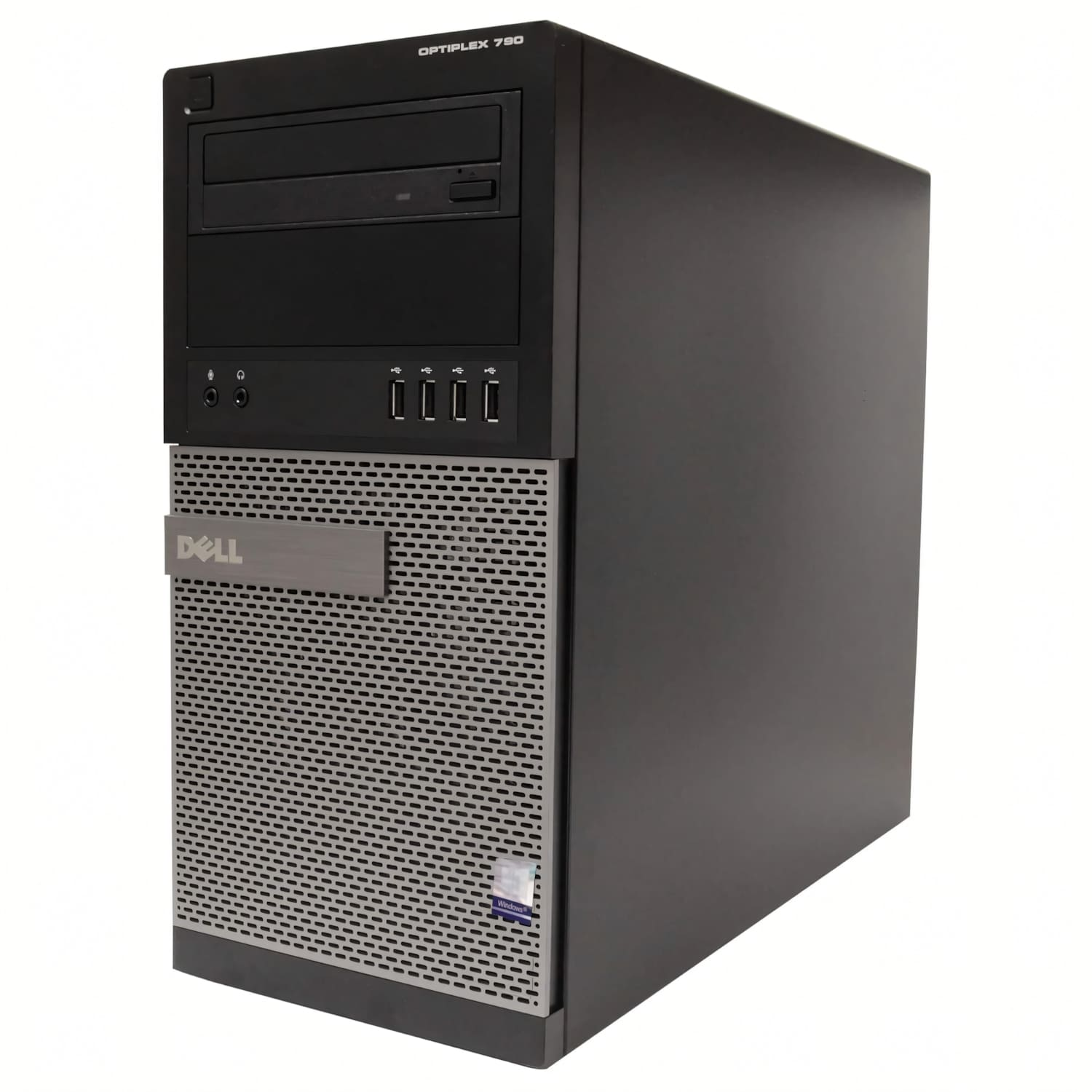 Una carcasa de computadora Dell Optiplex 780. Negro y gris, con el logotipo de Dell. Incluye bahías de unidad, puertos y una pegatina de Windows.