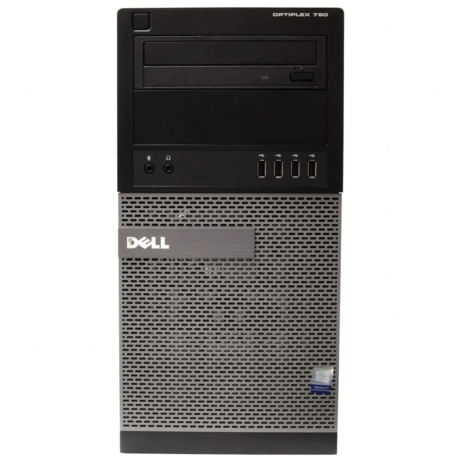 Una computadora de escritorio Dell Optiplex 790. Tiene un frente negro, con una ranura para unidad, puertos y el logotipo de Dell. La carcasa es gris.