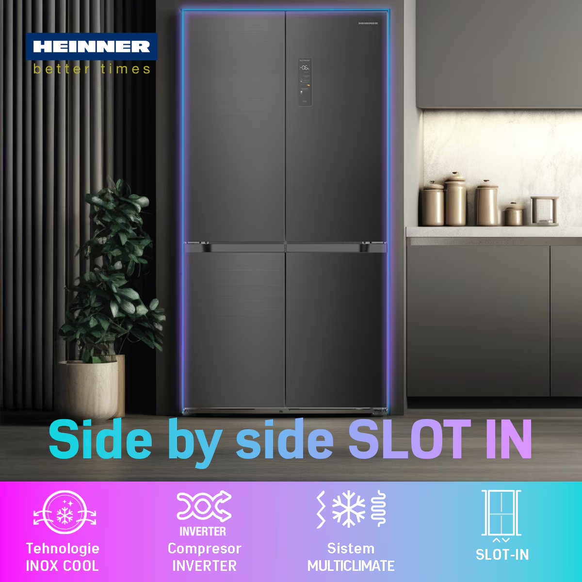 Een moderne zwarte koelkast met blauwe accenten, met het label 'Side by side SLOT IN'. Met pictogrammen voor Inox Cool, Inverter en Multiclimate.