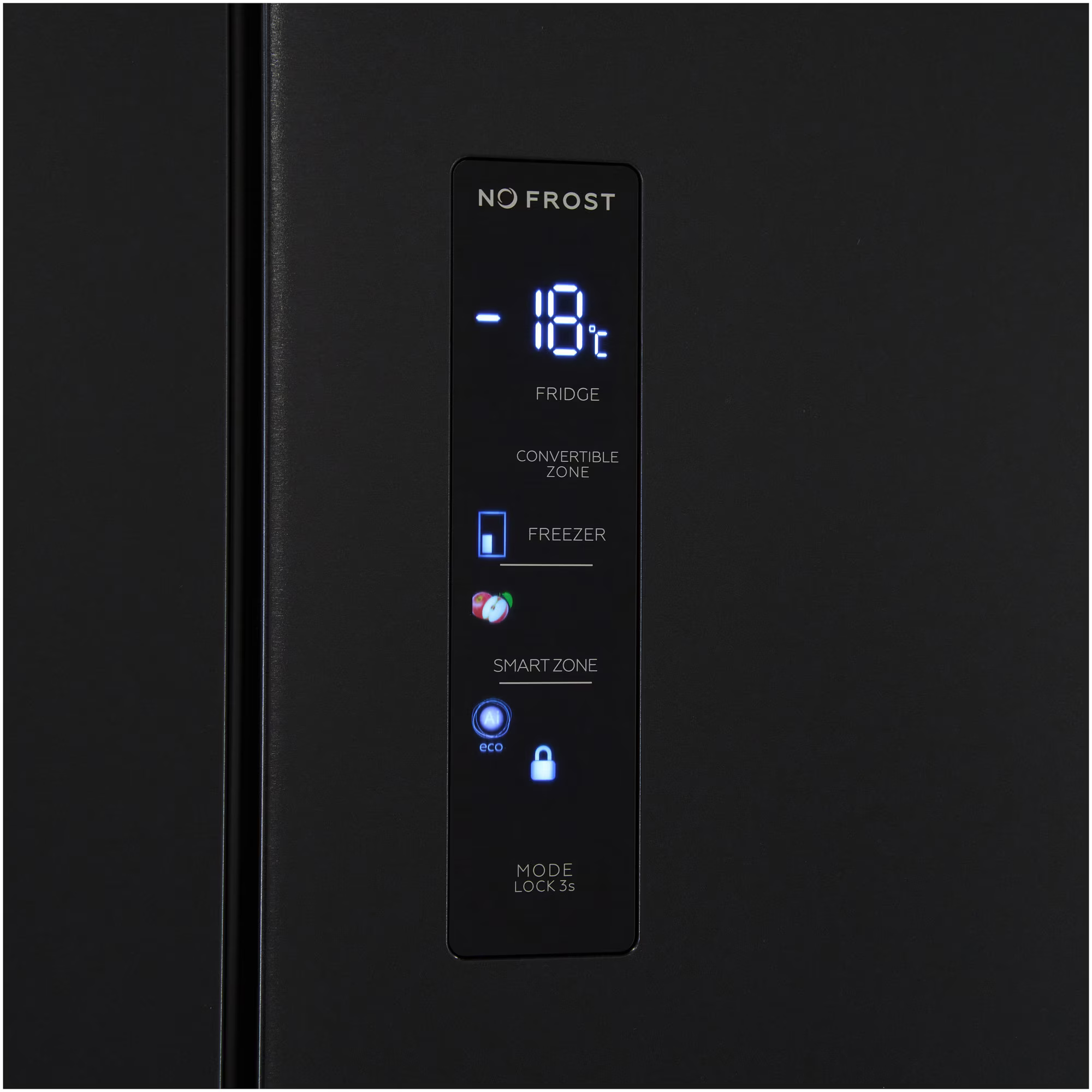 Zwart bedieningspaneel van de koelkast met display -18°C. Kenmerken: Koelkast, Vriezer, Smart Zone, Eco-modus.