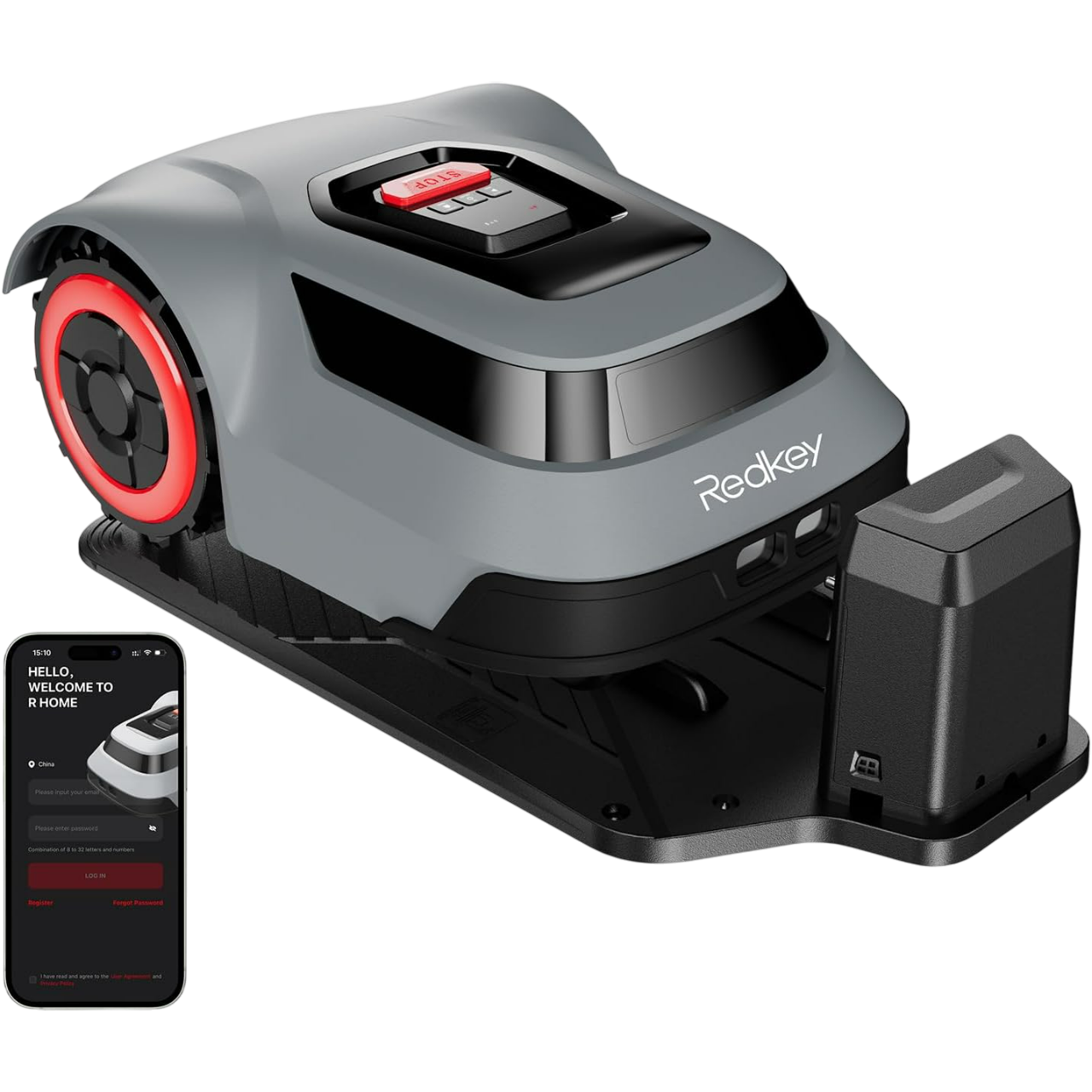 Ein grauer Redkey-Mähroboter mit Ladestation und ein Telefon, das eine App-Oberfläche anzeigt, schwarzer Hintergrund.