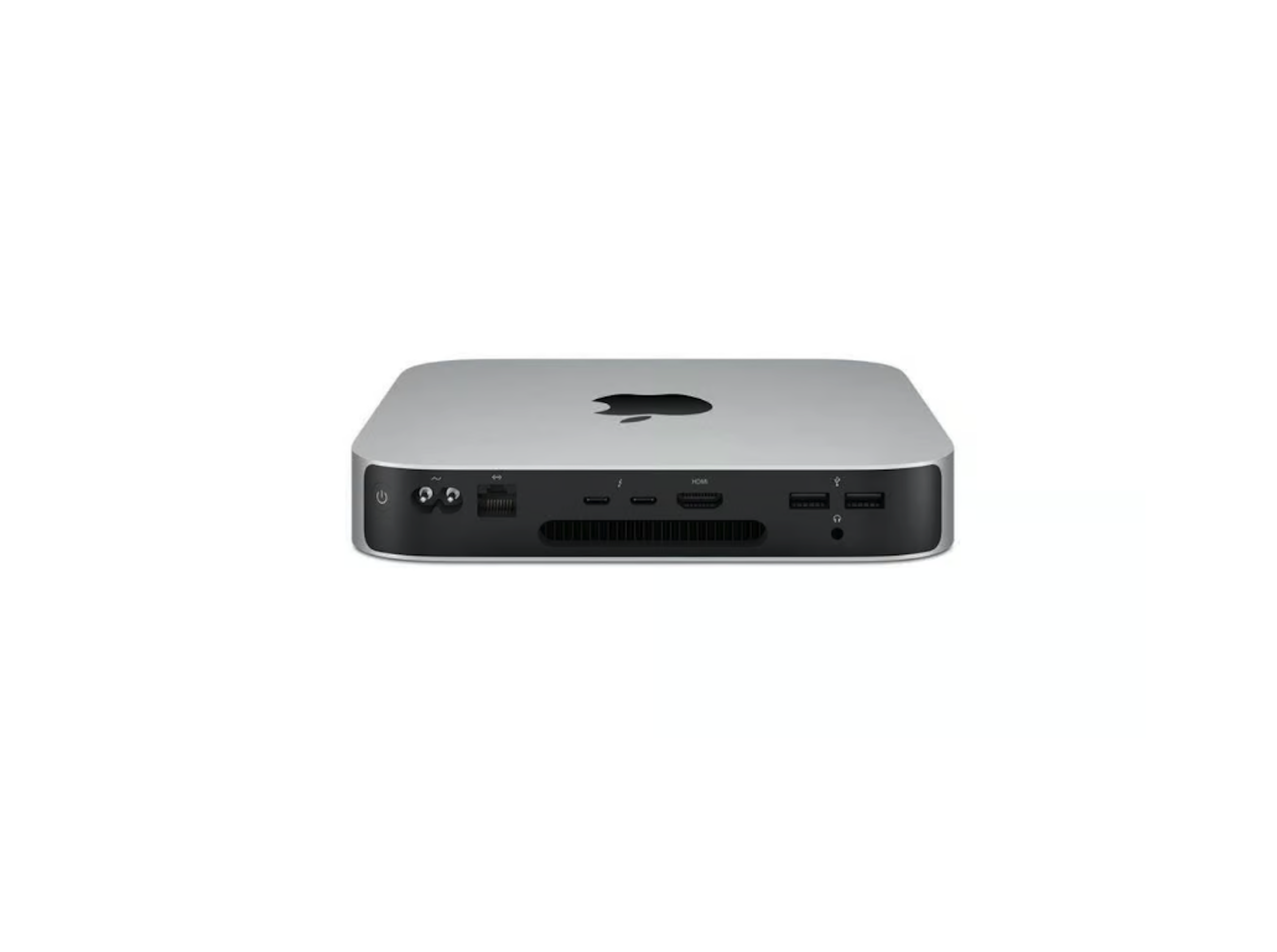 Srebrny Apple Mac Mini na białym tle. Logo Apple znajduje się na górze. Porty są widoczne z przodu.