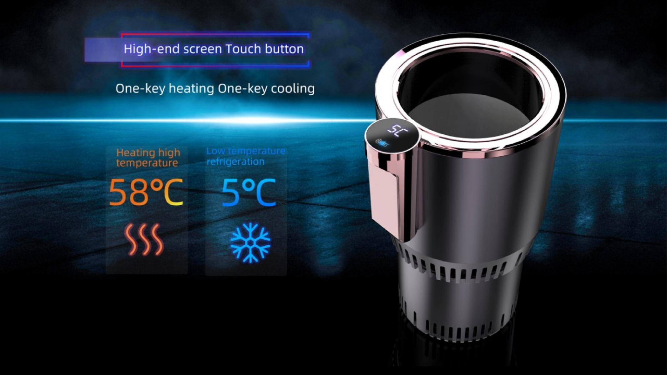 Ein Auto-Becherhalter mit Heiz- und Kühlfunktion. Er zeigt 58°C Heizung und 5°C Kühlung.