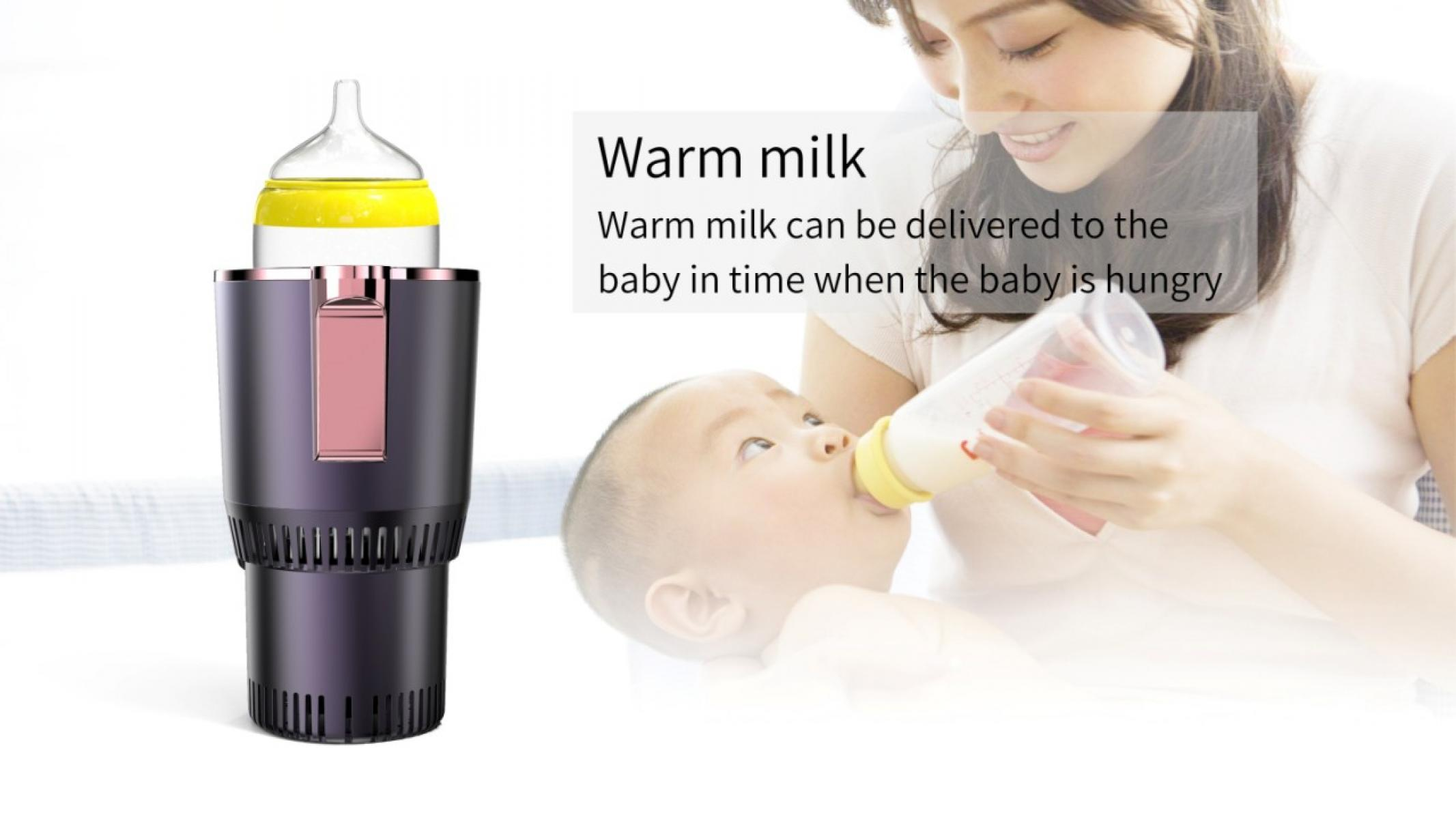 Eine Frau füttert ein Baby mit einer Flasche. Links ist ein Flaschenwärmer für warme Milch.