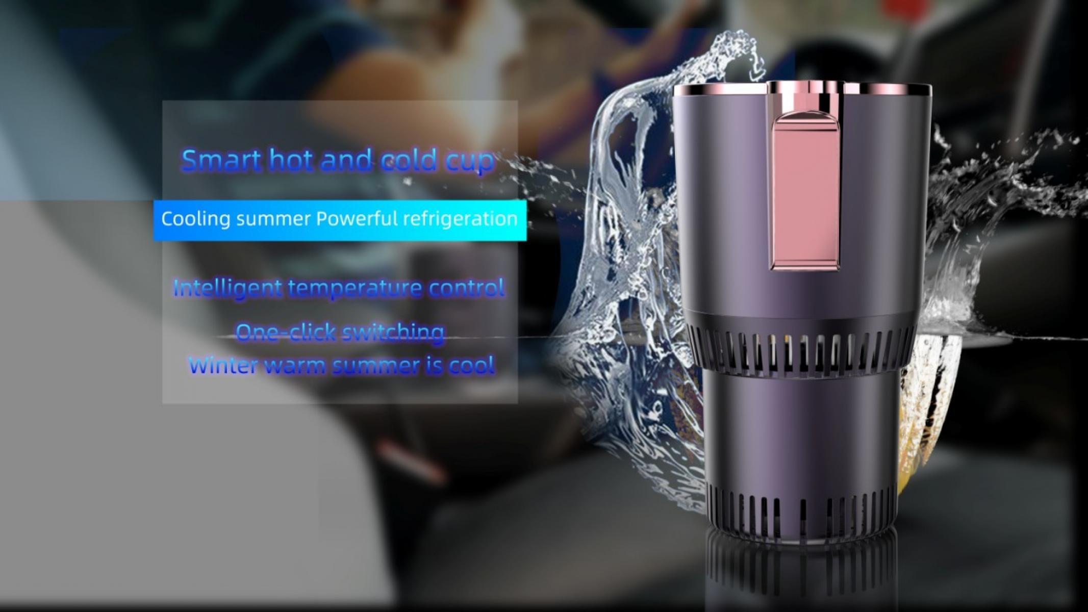 Ein intelligenter, schwarz-roségoldener Becher mit Wasserspritzern. Text sagt: 'Smart Hot and Cold Cup', 'Cooling Summer'.