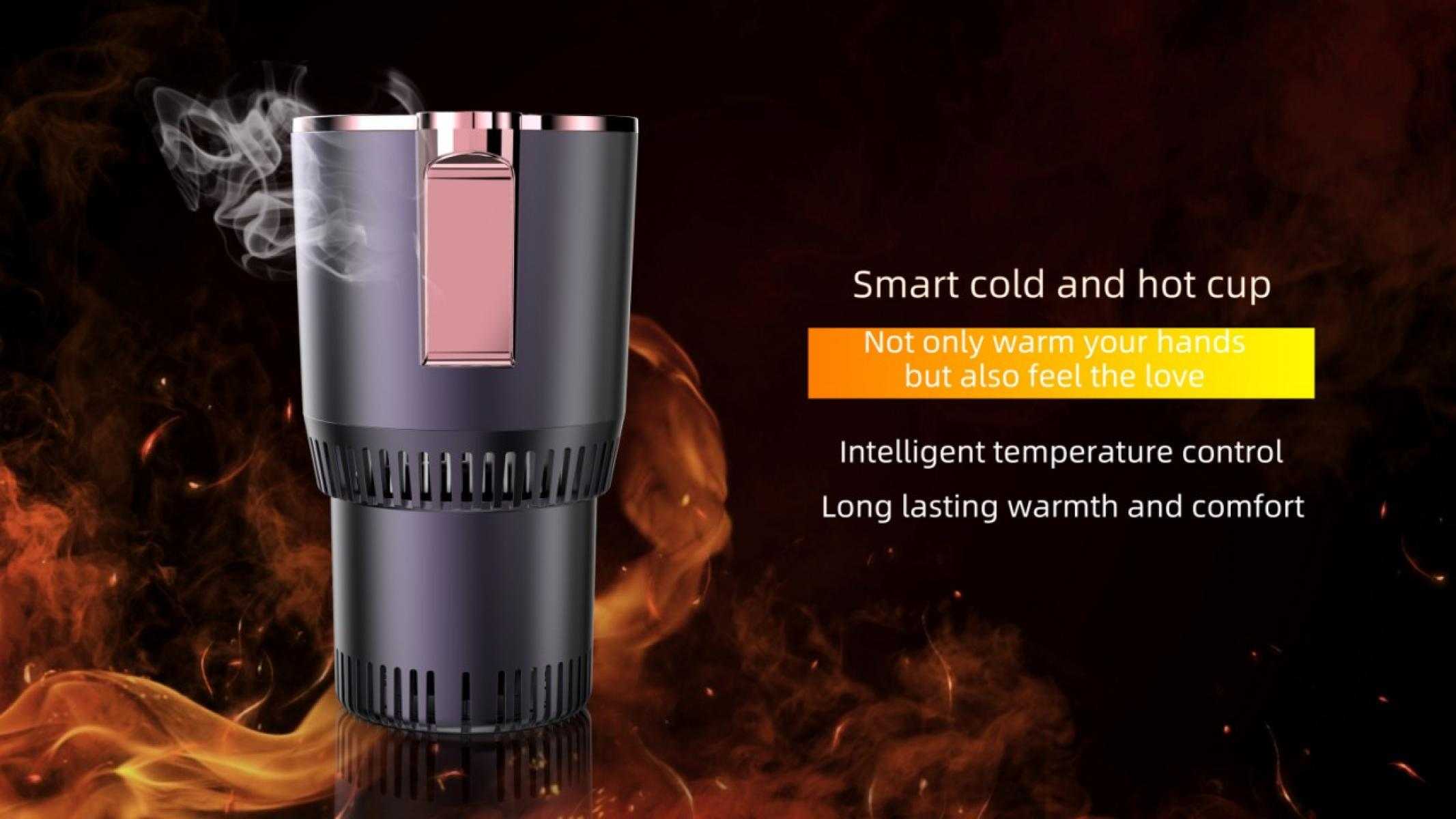 Ein intelligenter, schwarz-roségoldener Becher mit Dampf, der aufsteigt. Der Text lautet: intelligente kalte und heiße Tasse, intelligente Temperaturregelung.