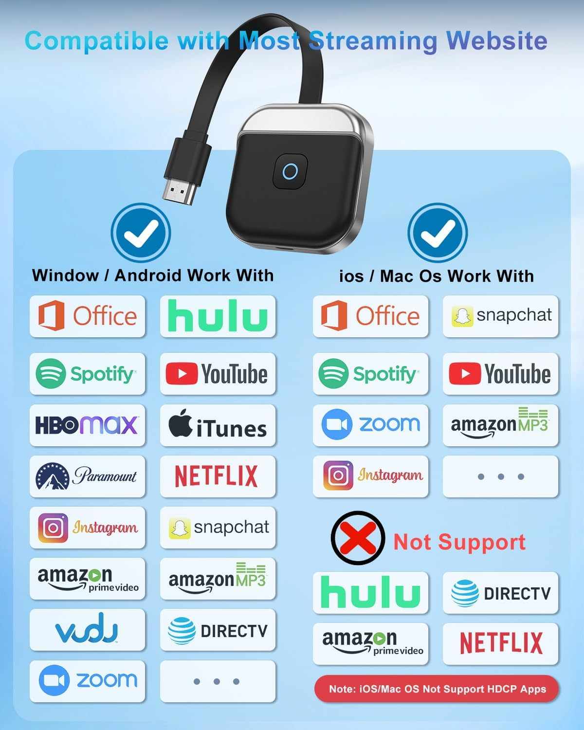 Ein Streaming-Gerät mit Kabel. Kompatible Apps für Android und iOS, einige werden nicht unterstützt.