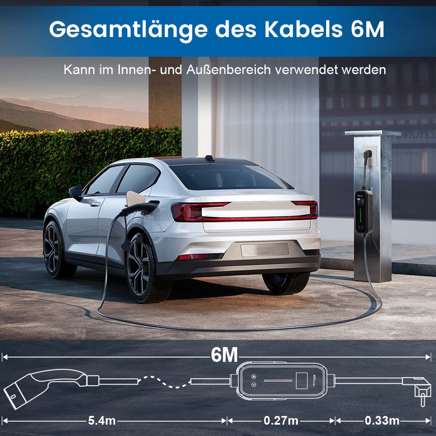 Silbernes Auto wird geladen. Kabellänge 6M. Text oben: Gesamtlänge des Kabels 6M. Kann innen und außen verwendet werden.