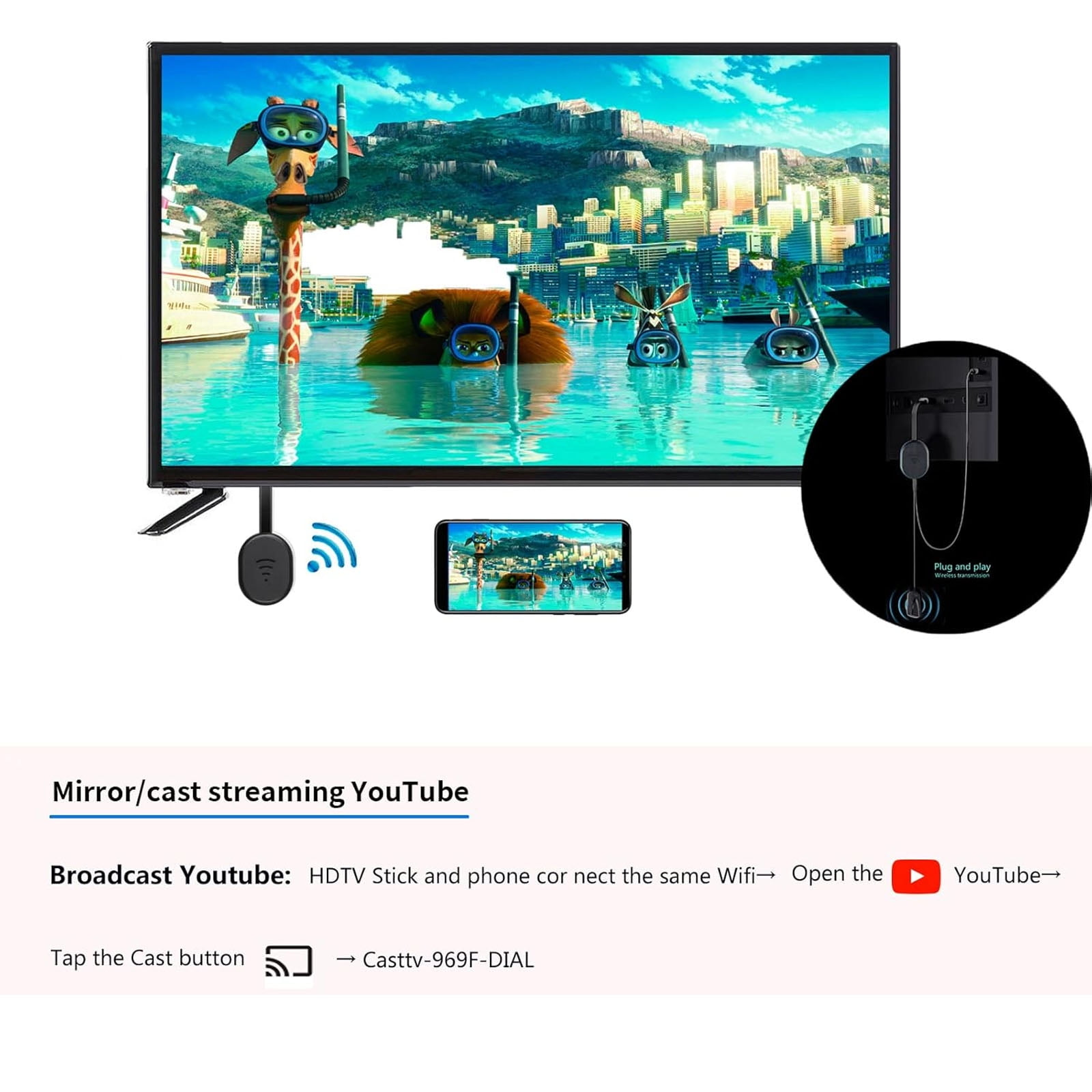 Ein Fernseher zeigt Zeichentrickfiguren im Wasser, ein Telefon, ein Streaming-Gerät und Text zum Casting von YouTube.