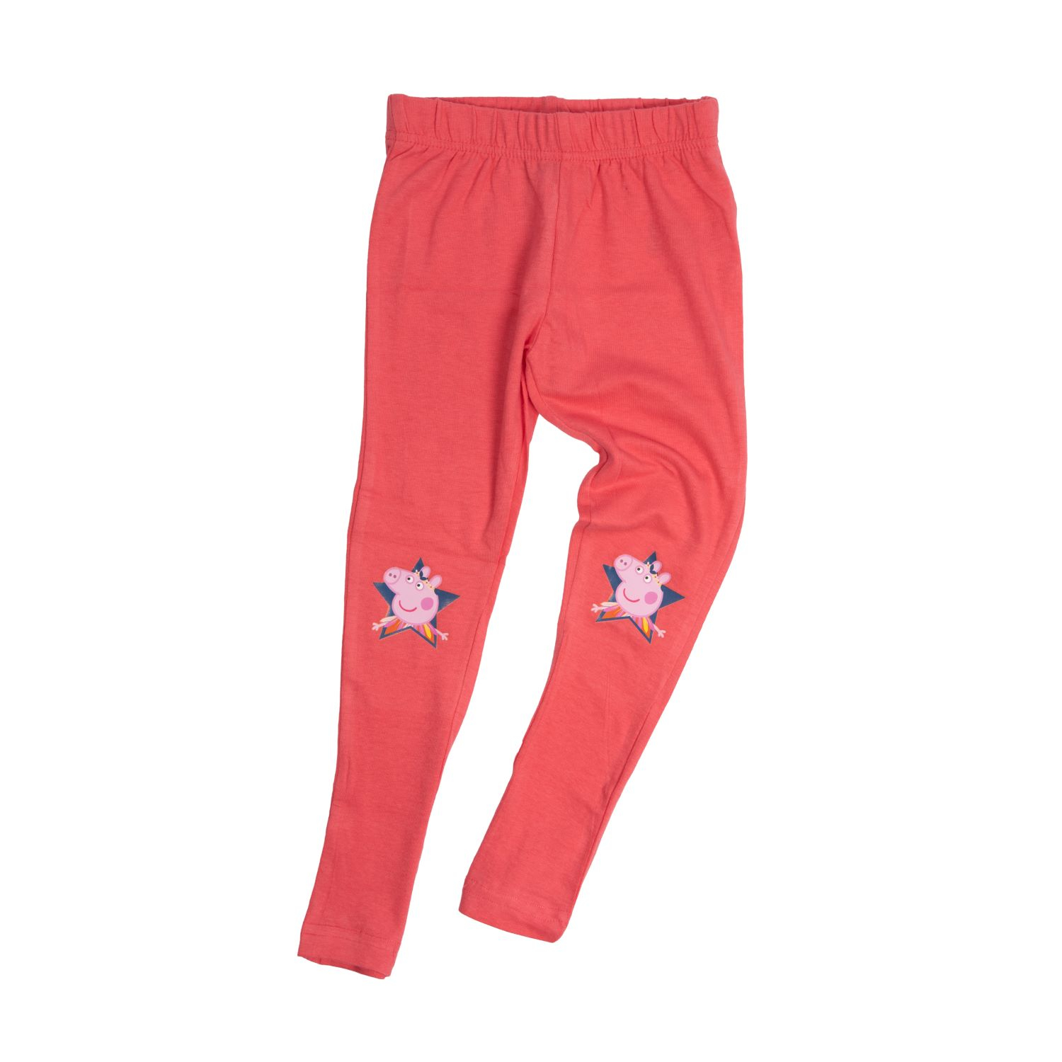 Korallenfarbene Kinderleggings mit Peppa Wutz und Sternen-Design auf den Knien, isoliert auf weißem Hintergrund.