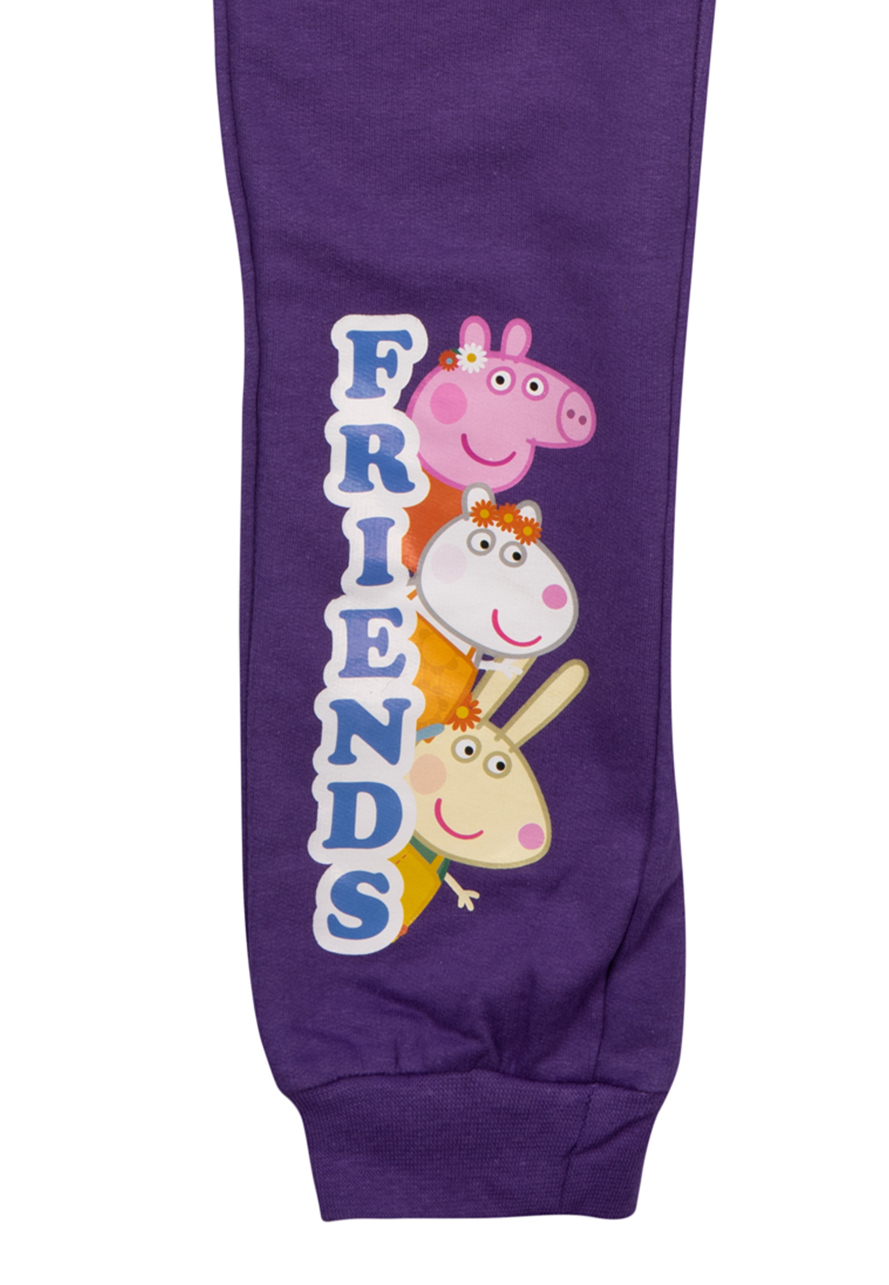 Lila Hose mit Peppa Wutz und Freunden Design. Der Text 'FREUNDE' ist vertikal gedruckt. Weißer Hintergrund.