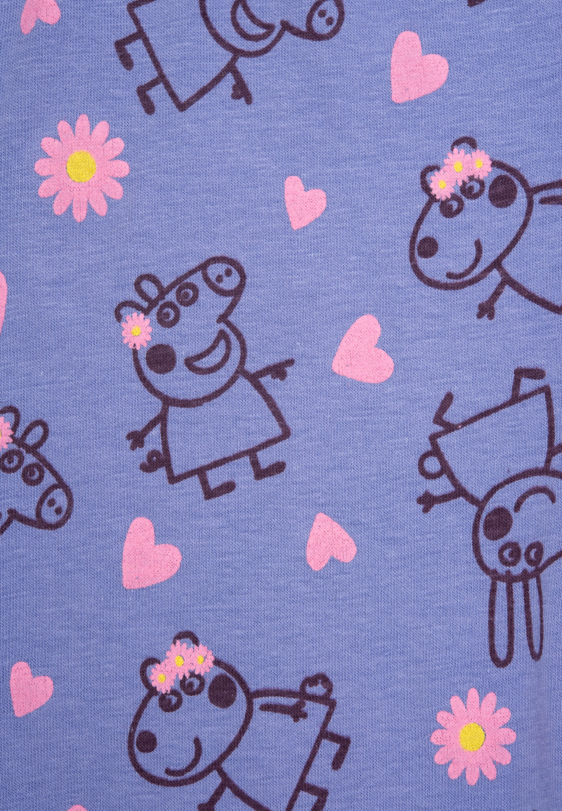 Blauer Stoff mit Peppa-Wutz-ähnlichen Figuren, rosa Herzen und Blumen. Figuren sind braun.