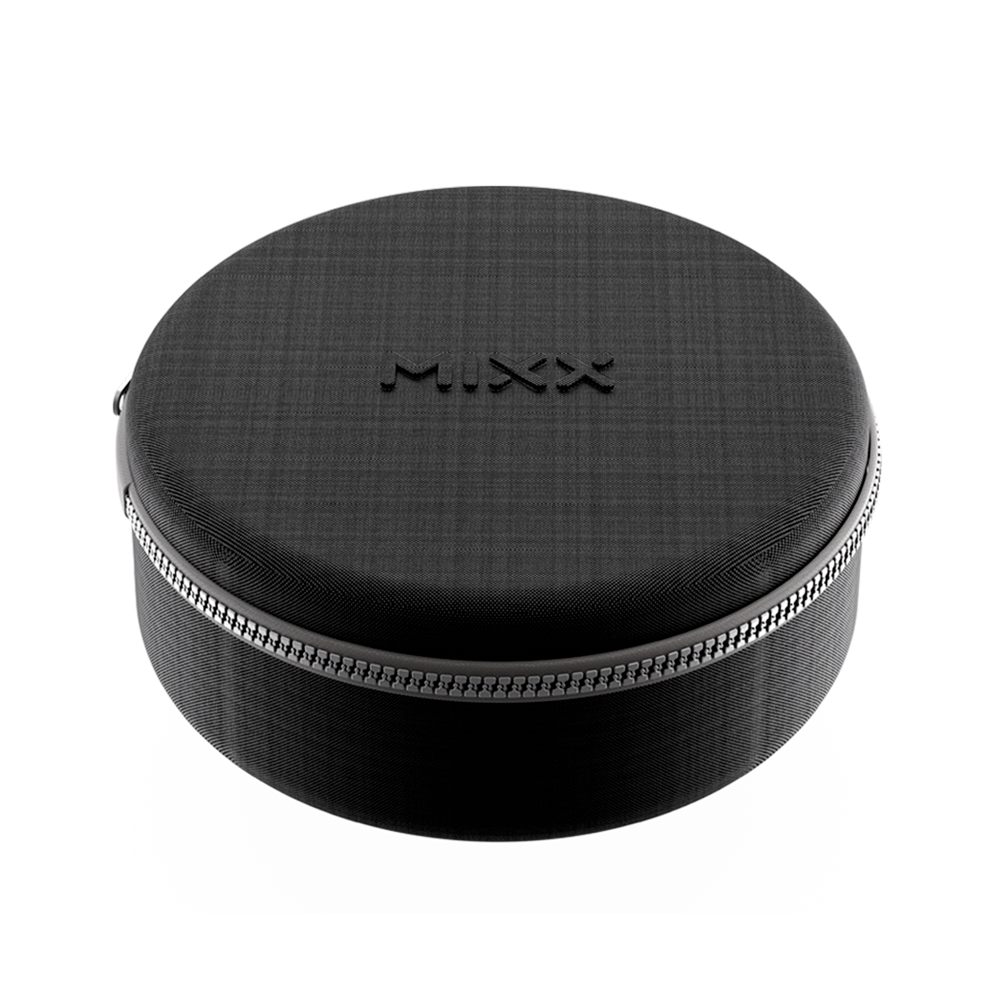 Een ronde, zwarte koffer met een rits. Het woord "MIXX" is in reliëf op de bovenkant. Witte achtergrond.