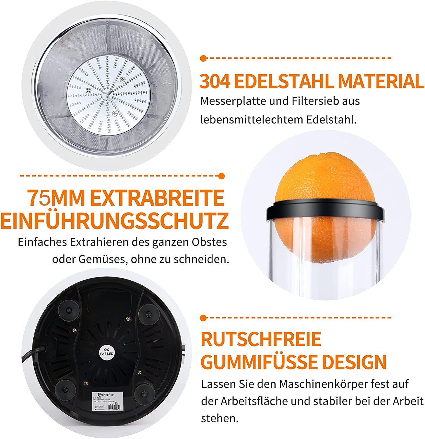 Ein Entsafter mit einer Orange im Inneren und Details zu Edelstahl, breiter Öffnung und rutschfesten Füßen.
