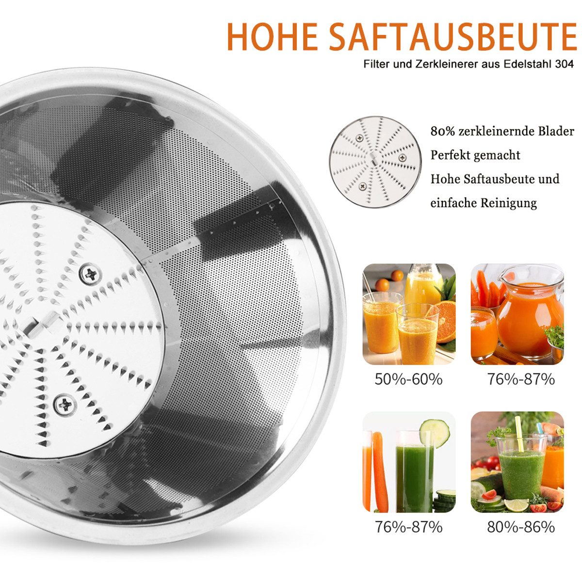 Ein Entsafter mit Edelstahlteilen, Text über hohe Saftausbeute und einfache Reinigung sowie Bilder von Saftgläsern.