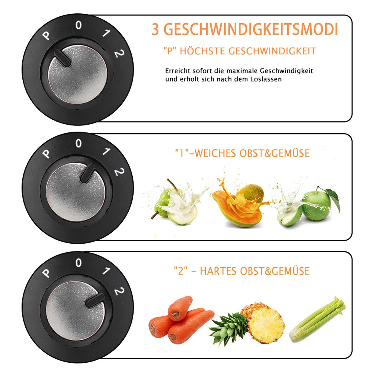 Das Bild zeigt ein Zifferblatt mit Einstellungen und Früchten/Gemüse zum Mixen: weiche und harte Optionen. Enthält Karotten, Ananas, Sellerie.