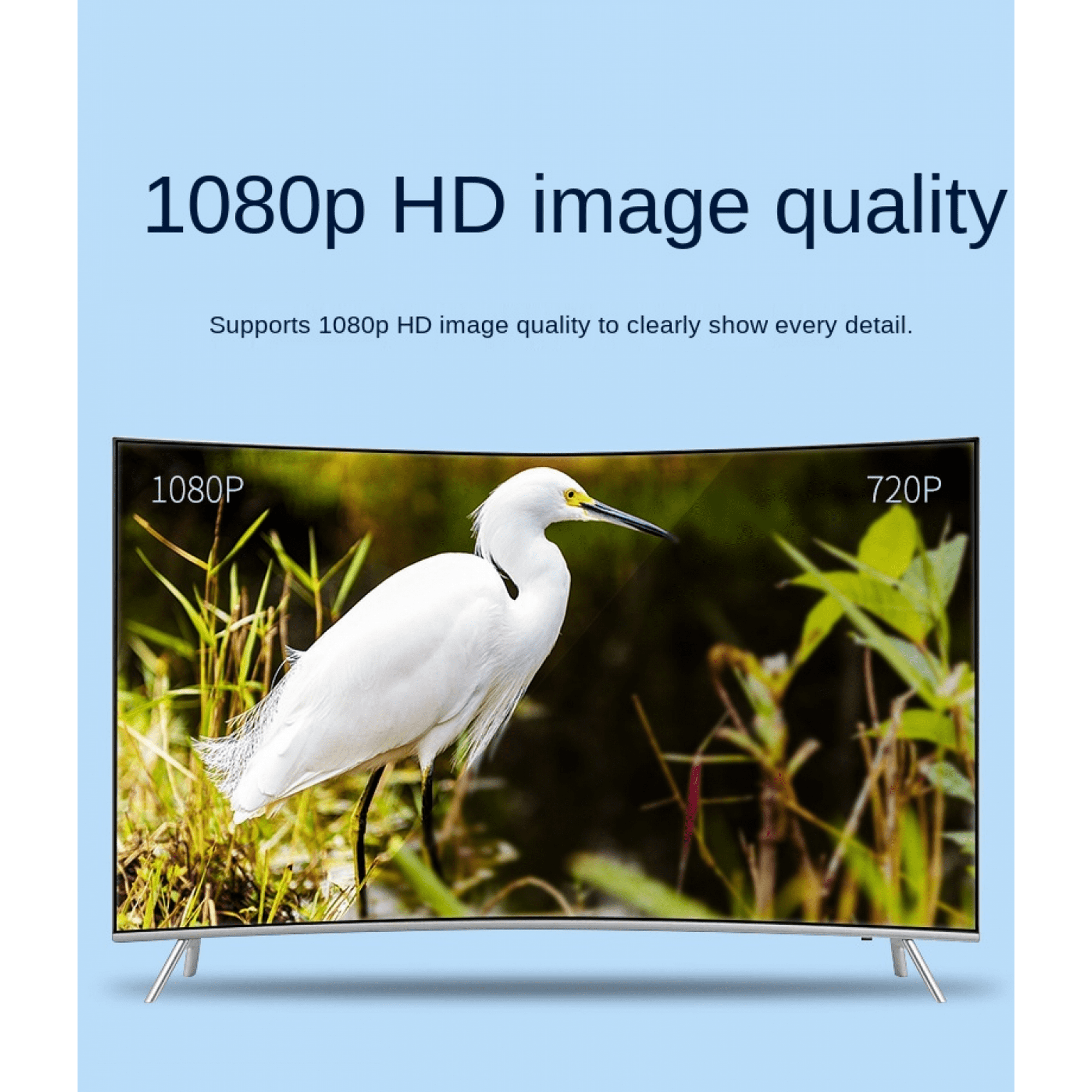 Ein geschwungener Fernseher zeigt einen weißen Vogel in einem grünen Feld. Text oben: '1080p HD Bildqualität'.