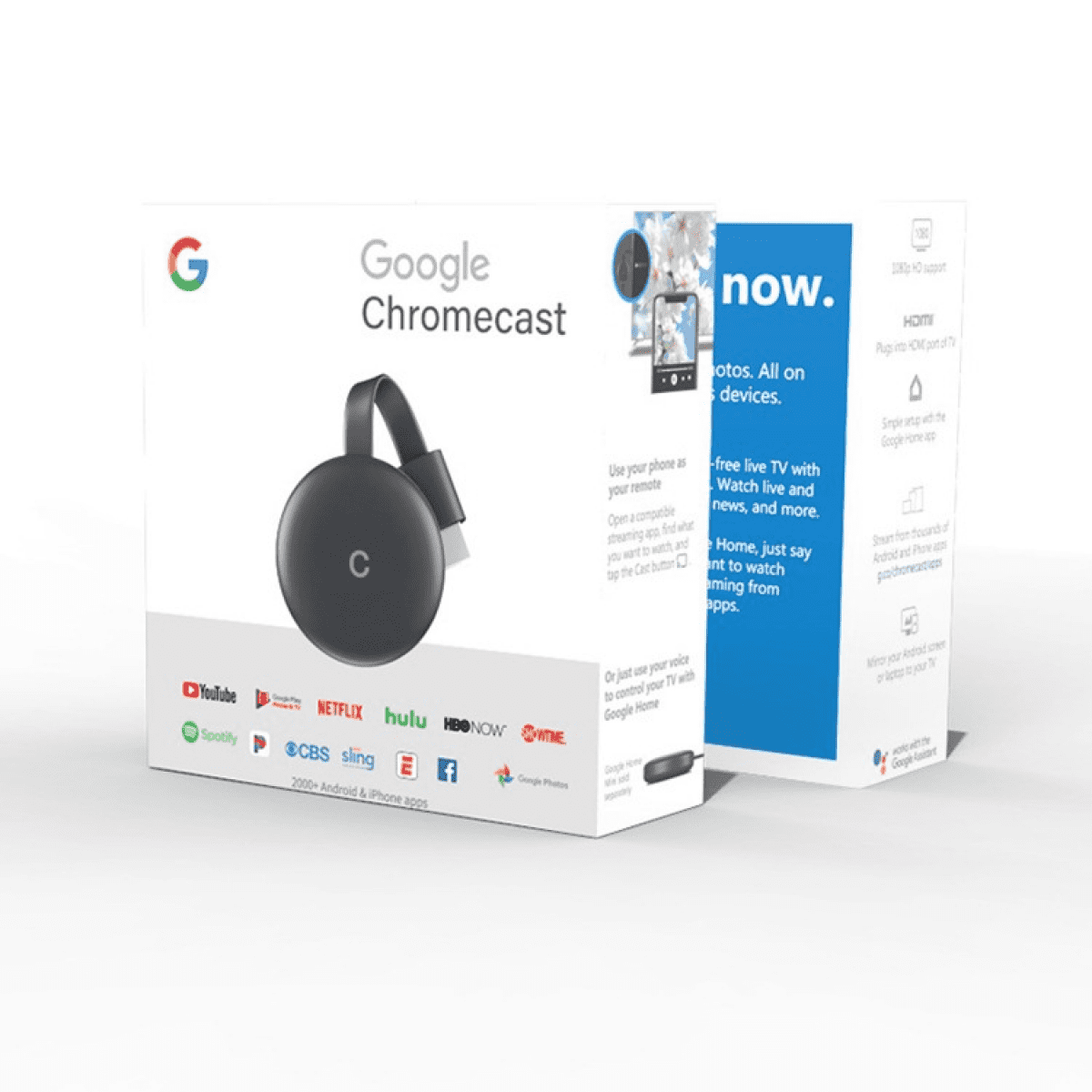 Eine Google Chromecast-Box. Sie zeigt das Gerät, den Namen und eine Liste der unterstützten Apps.