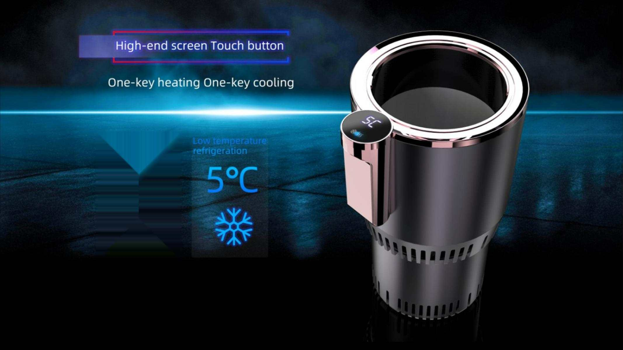 Ein Auto-Becherkühler mit Digitalanzeige von 5°C. Funktionen: Ein-Tasten-Heizung/Kühlung und eine Touch-Taste.