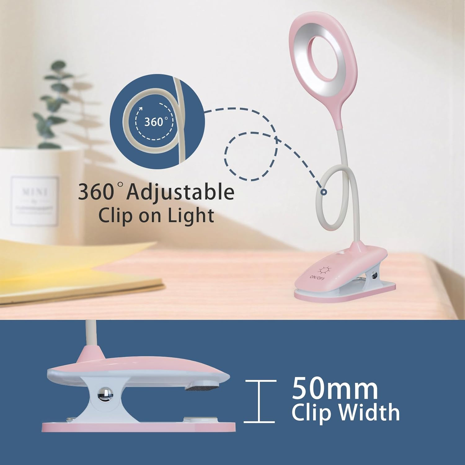 Eine rosa-weiße LED-Clip-On-Lampe mit einem um 360 Grad verstellbaren Kopf. Die Basis der Lampe hat einen Ein-/Ausschalter.