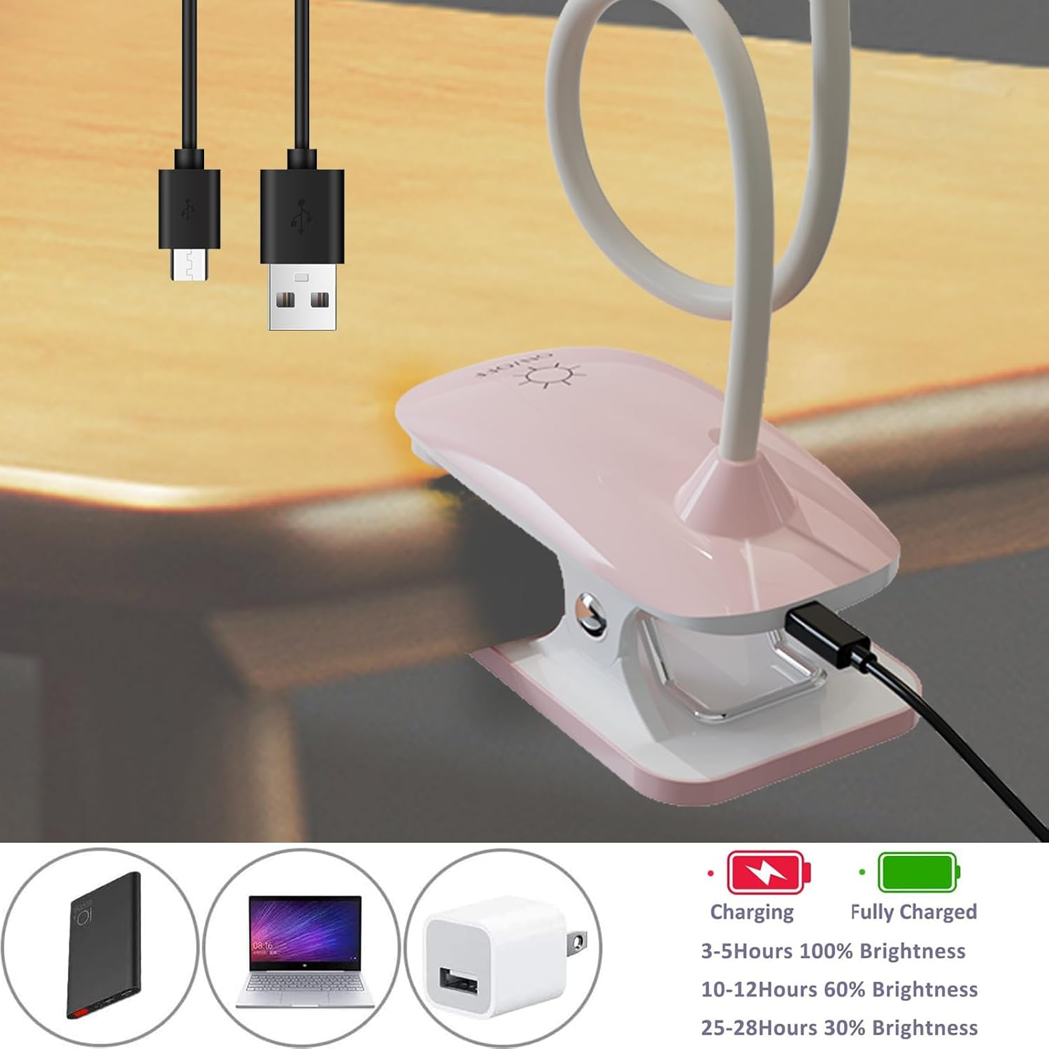 Eine rosa Tischlampe mit Clip, flexiblem Hals und USB-Ladekabel. Informationen zu Ladezeiten und Helligkeitsstufen werden ebenfalls angezeigt.