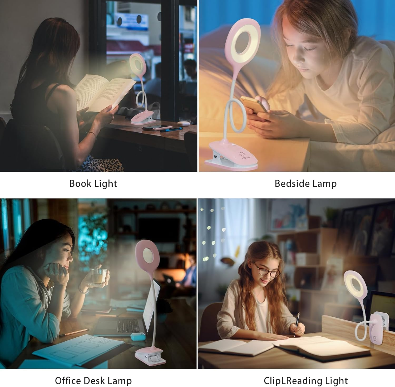 Vier Bilder zeigen eine rosa LED-Clip-Lampe im Einsatz: beim Lesen eines Buches, bei der Nutzung eines Telefons, beim Arbeiten am Schreibtisch und beim Schreiben in einem Notizbuch.