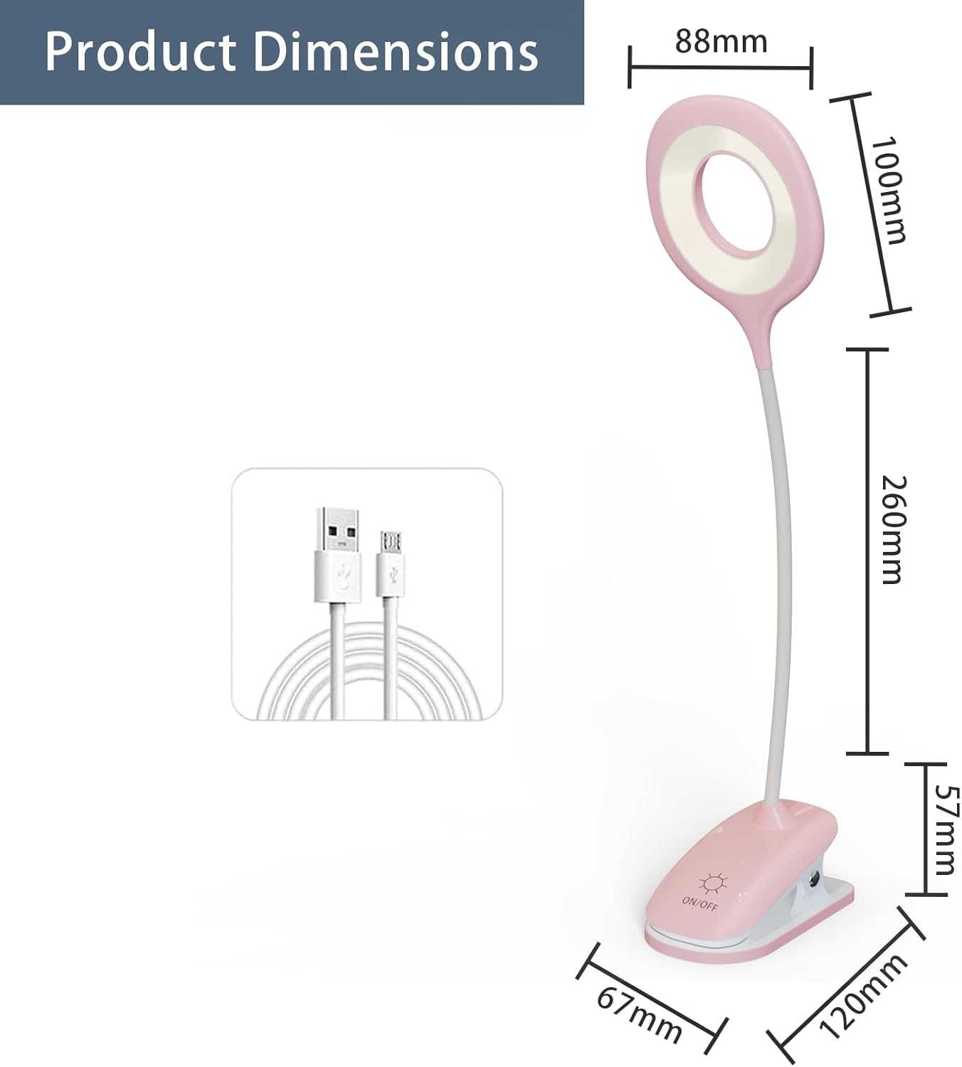 Rosa LED-Schreibtischlampe mit Maßangaben. Enthält ein USB-Kabel. Die Lampe hat einen Ein/Aus-Knopf und einen Clipfuß.