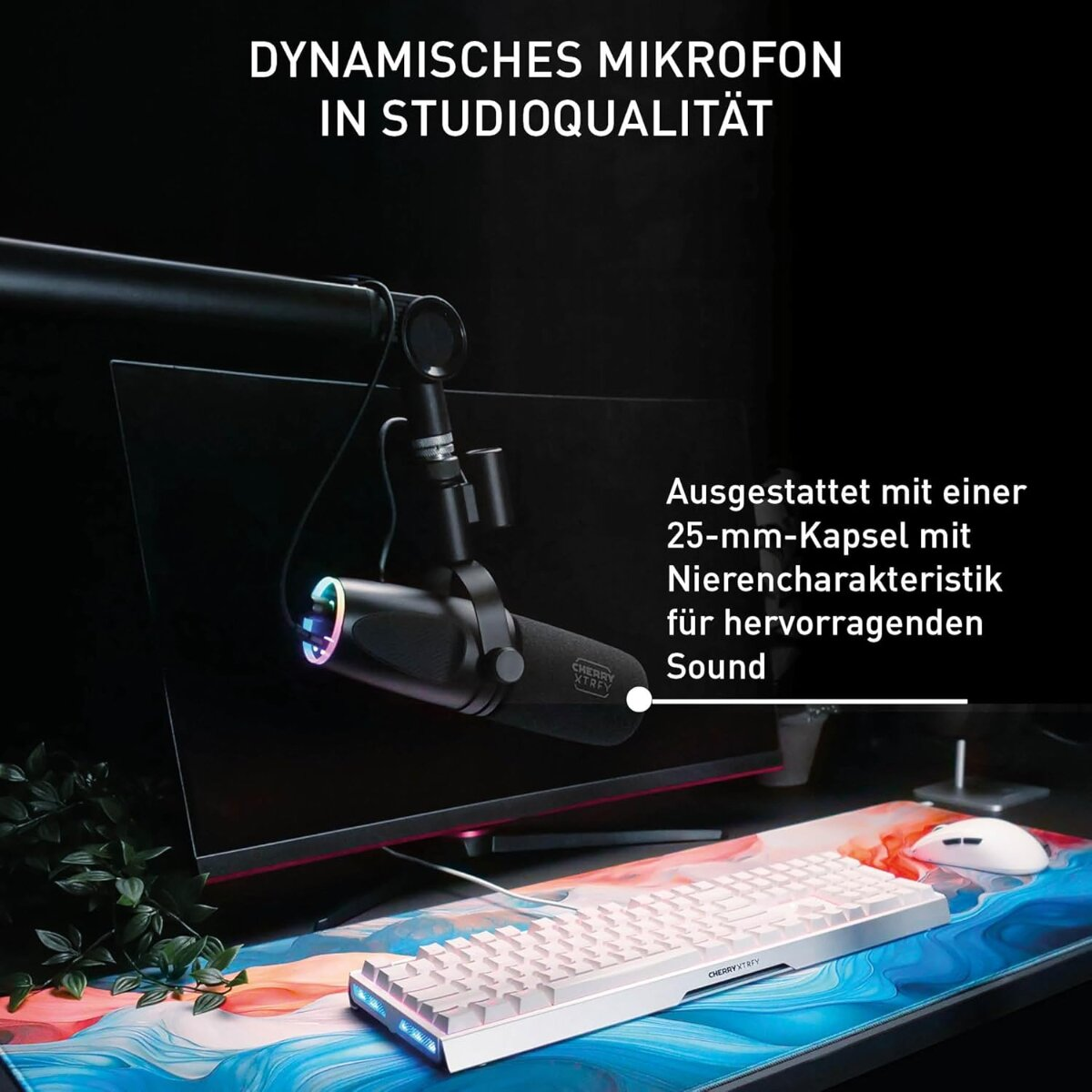Ein Studio-Setup mit Mikrofon, Tastatur, Maus und Monitor. Das Mikrofon ist schwarz. Die Tastatur ist weiß. Die Maus ist weiß.