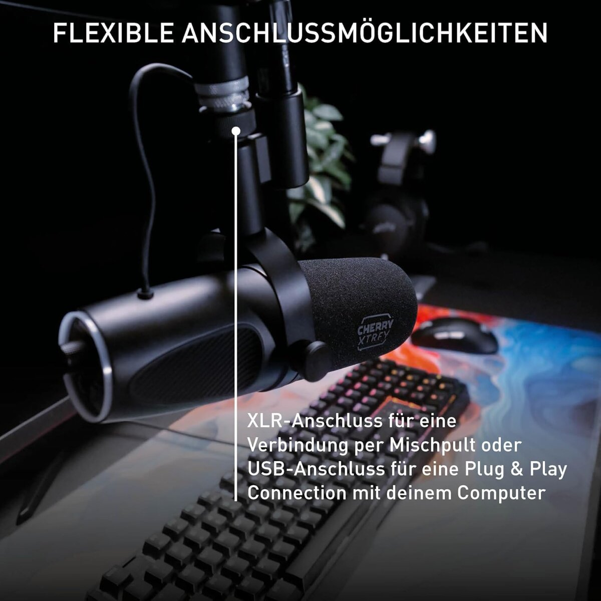Ein schwarzes Mikrofon mit 'CHERRY XTREY' Schriftzug ist montiert. Tastatur, Maus und Text über Anschlussmöglichkeiten sind sichtbar.