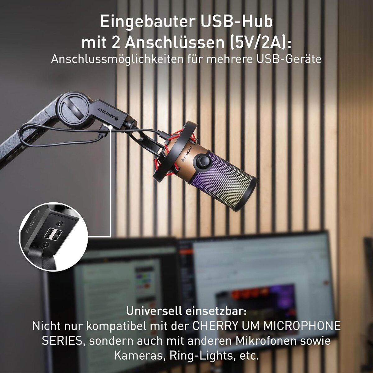 Ein Mikrofon mit USB-Hub wird angezeigt. Der Text auf Deutsch liefert Details zum USB-Hub und zur Kompatibilität mit verschiedenen Geräten.