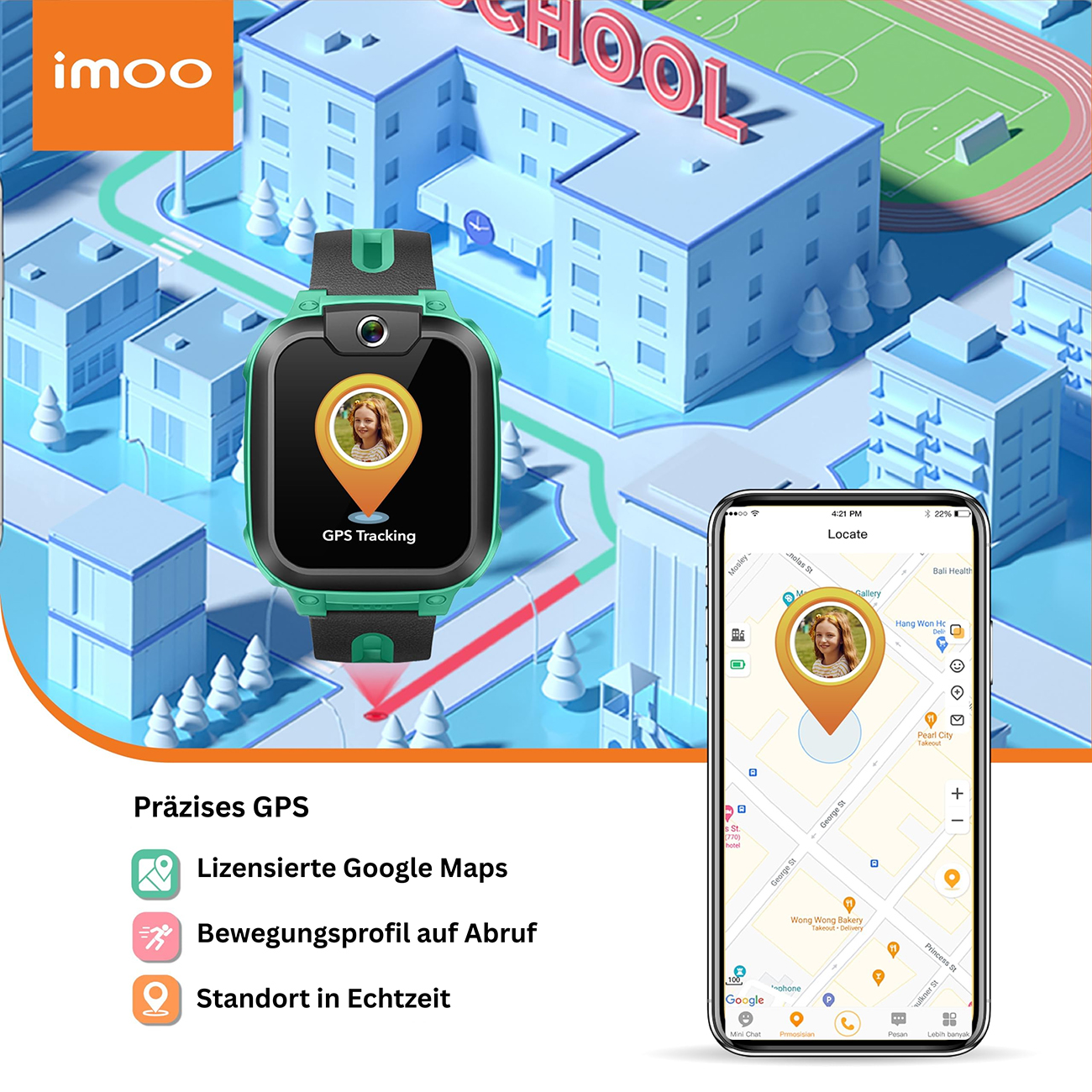 Eine Smartwatch zeigt GPS-Tracking an. Ein Telefon zeigt eine Karte mit dem Standort eines Kindes. Im Hintergrund sind Schule und Stadtgebäude.