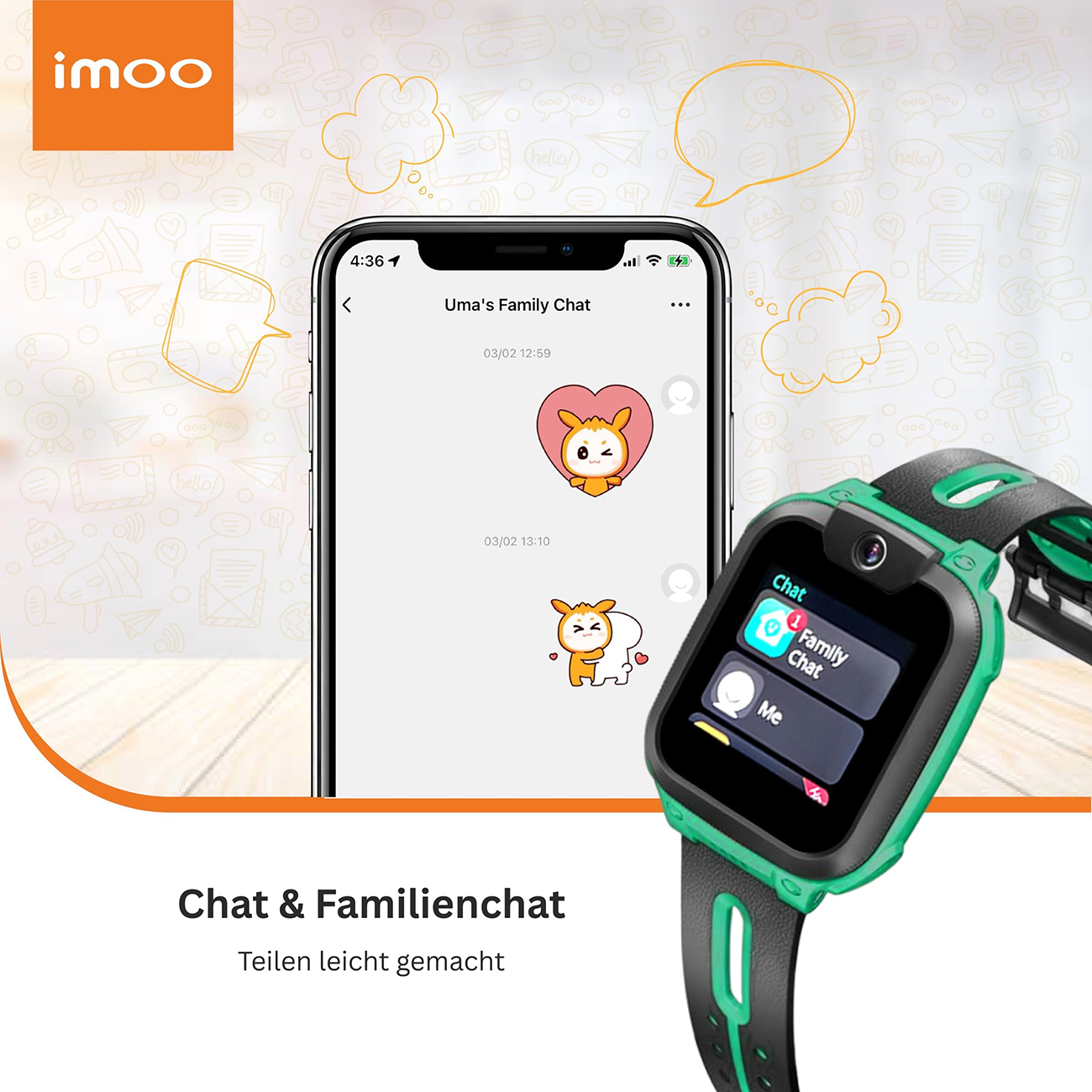 Das Bild zeigt eine Smartwatch und ein Telefon, das einen Chat anzeigt. Die Uhr ist grün und schwarz. Das Telefon zeigt einen Familienchat.